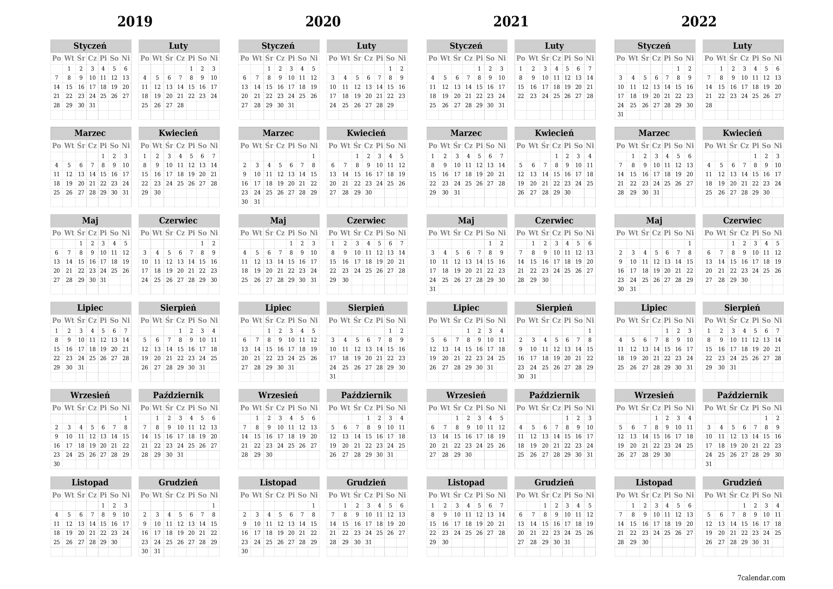 Opróżnij kalendarz rocznego planowania na rok 2019, 2020, 2021, 2022 z notatkami, zapisz i wydrukuj w formacie PDF PNG Polish