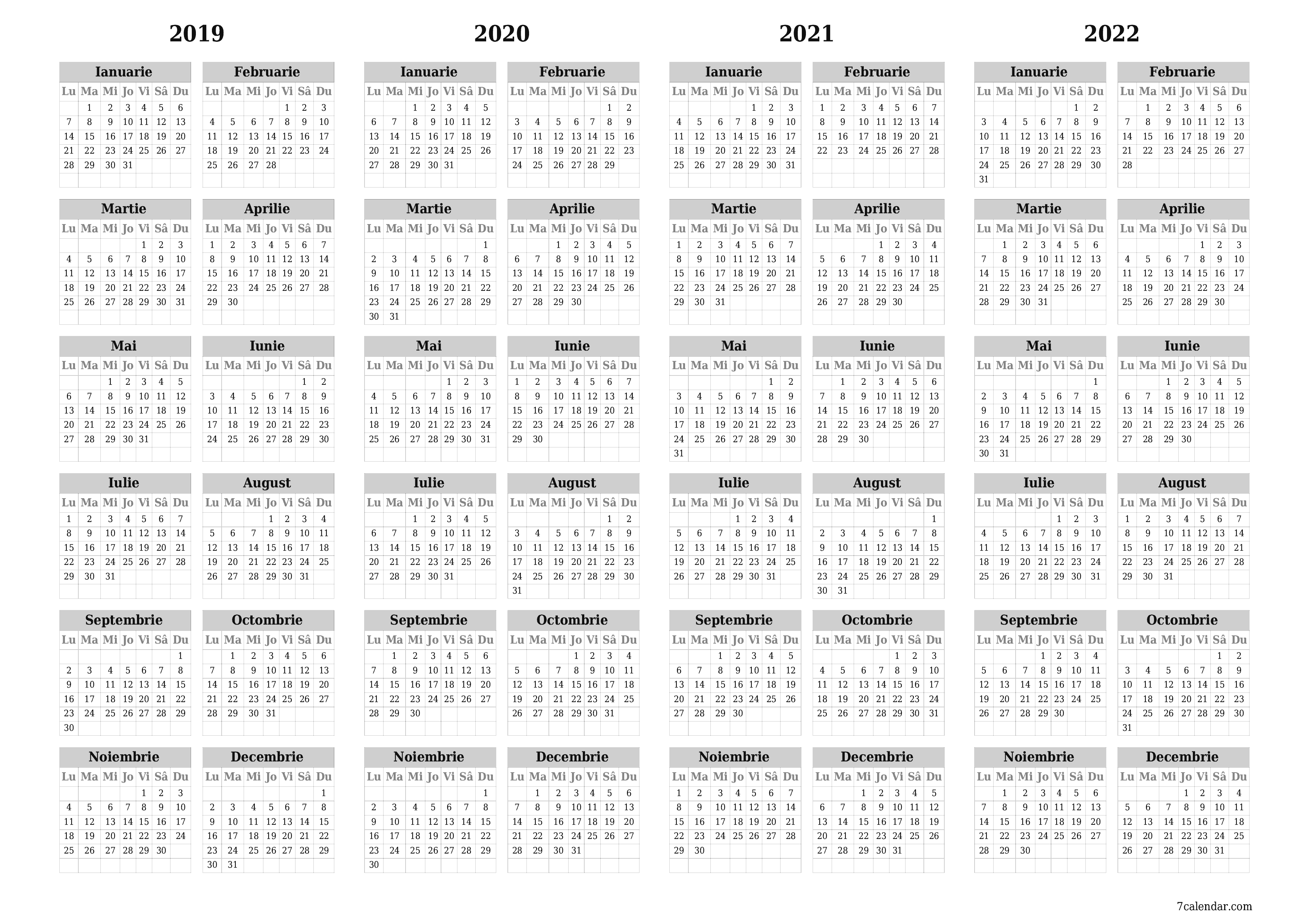 Goliți calendarul anual al planificatorului pentru anul 2019, 2020, 2021, 2022 cu note, salvați și tipăriți în PDF PNG Romanian