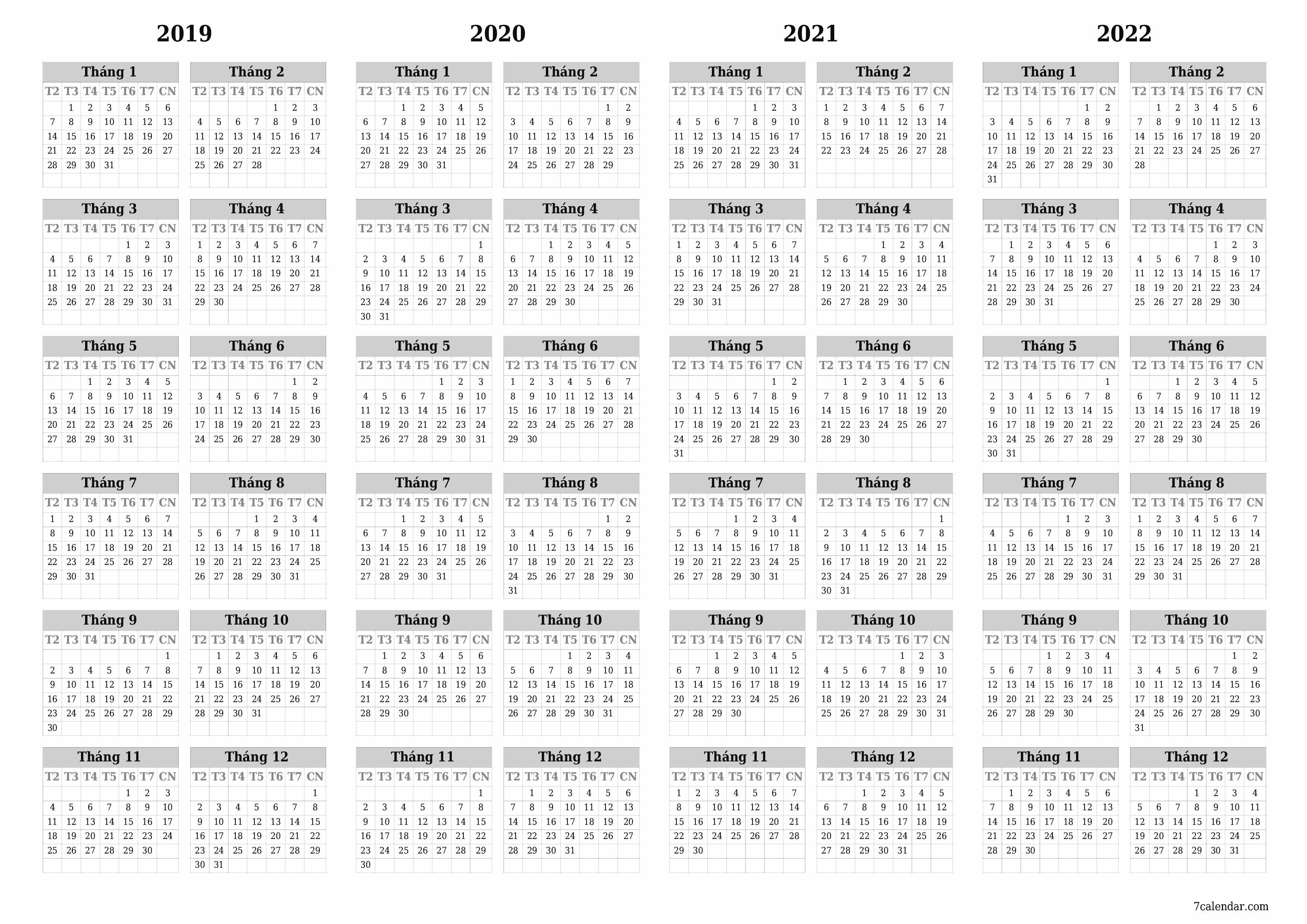 Lịch kế hoạch hàng năm trống cho năm 2019, 2020, 2021, 2022 có ghi chú, lưu và in sang PDF PNG Vietnamese