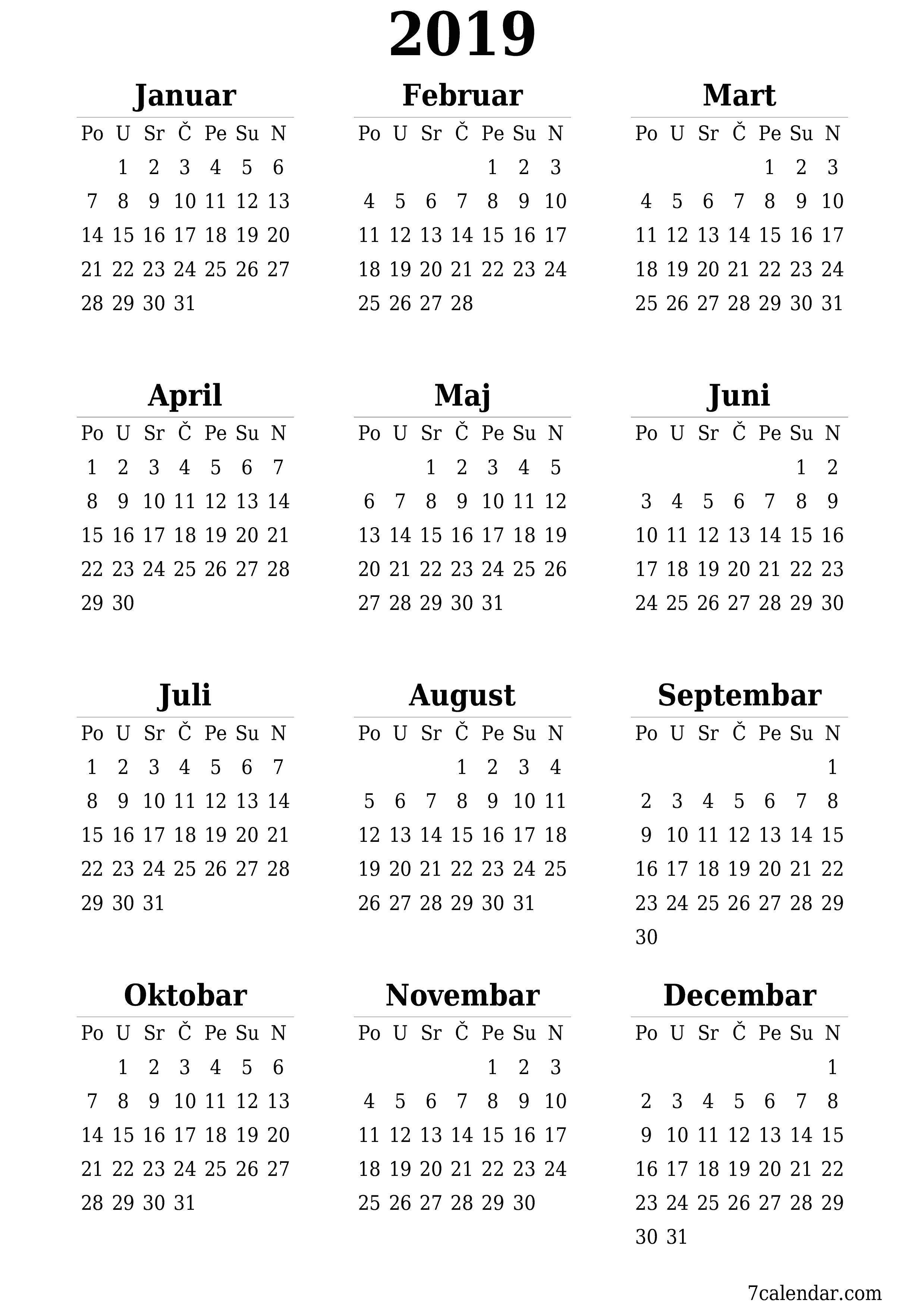  za štampanje zidni šablon a besplatni vertikalno Godišnje kalendar Juni (Jun) 2019