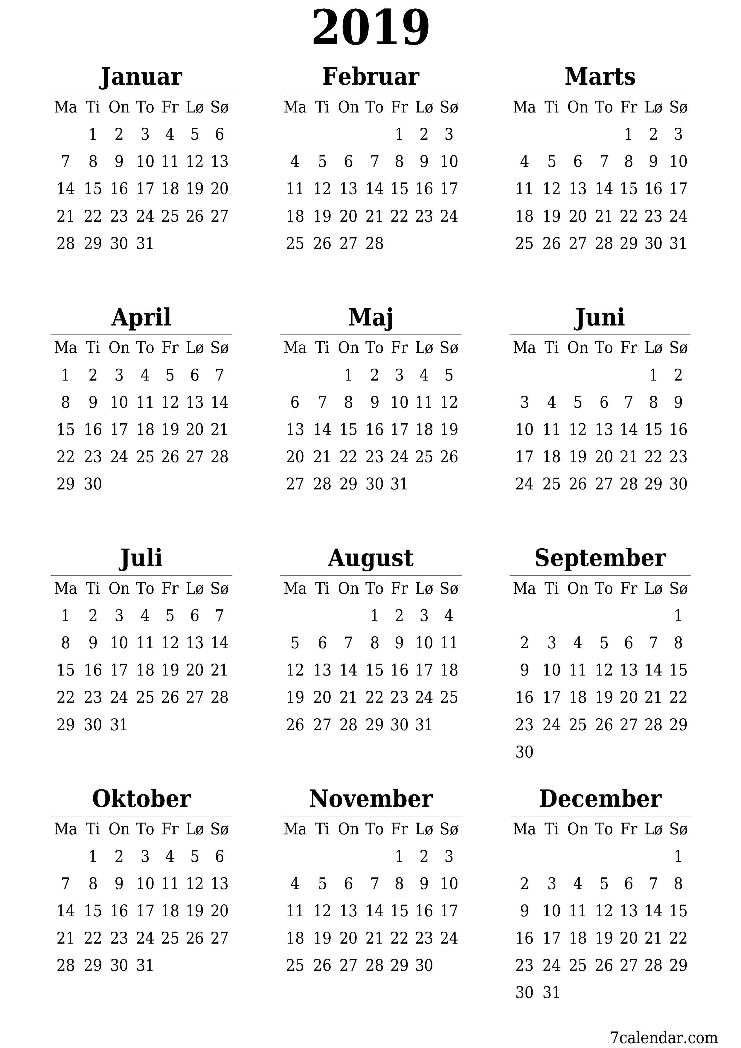 Tom årlig planlægningskalender for året 2019 med noter, gem og udskriv til PDF PNG Danish