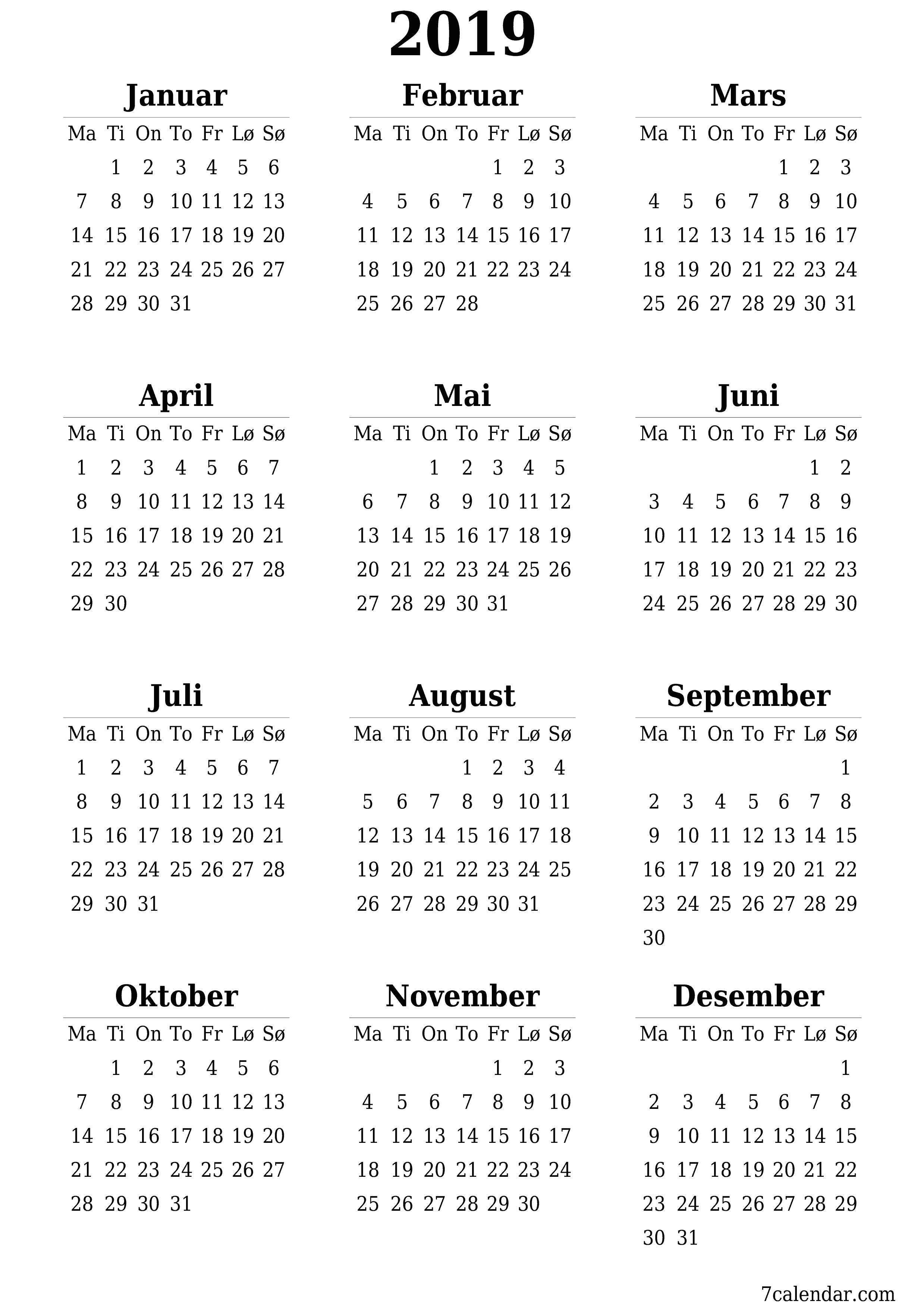 Tom årlig planleggerkalender for året 2019 med notater, lagre og skrive ut i PDF PNG Norwegian