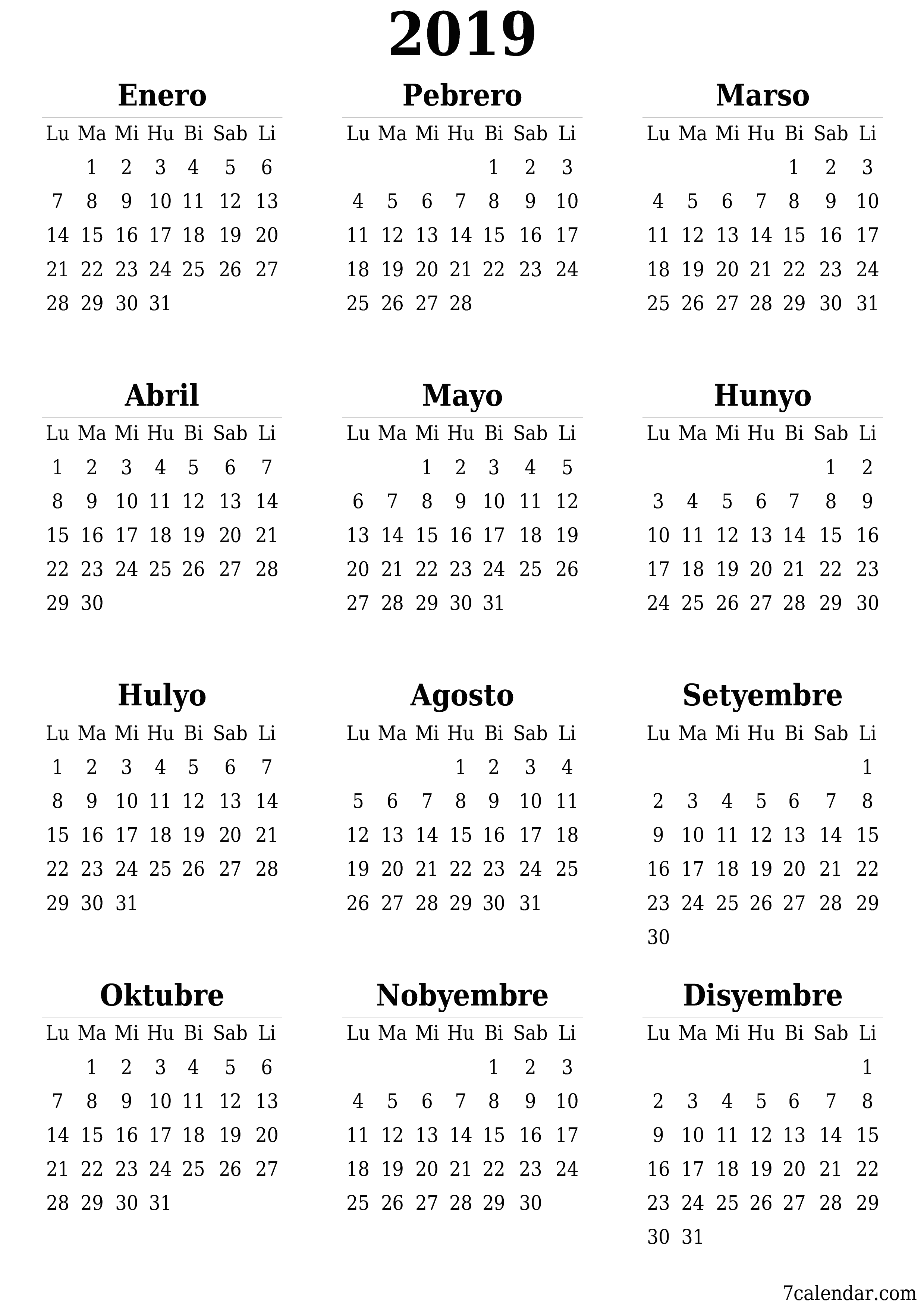 Walang laman ang taunang kalendaryo ng tagaplano para sa taong 2019 na may mga tala, i-save at i-print sa PDF PNG Filipino