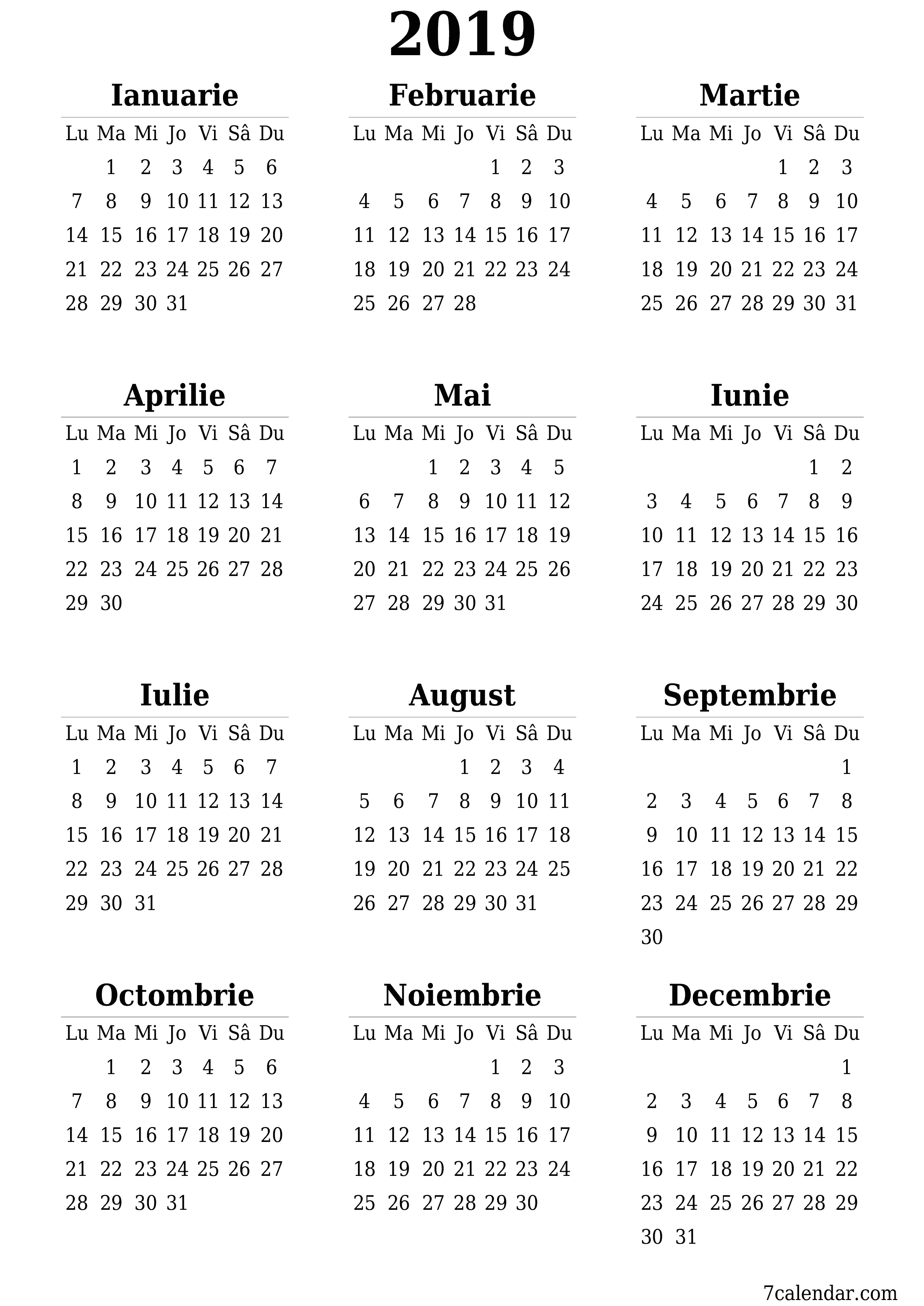 Goliți calendarul anual al planificatorului pentru anul 2019 cu note, salvați și tipăriți în PDF PNG Romanian