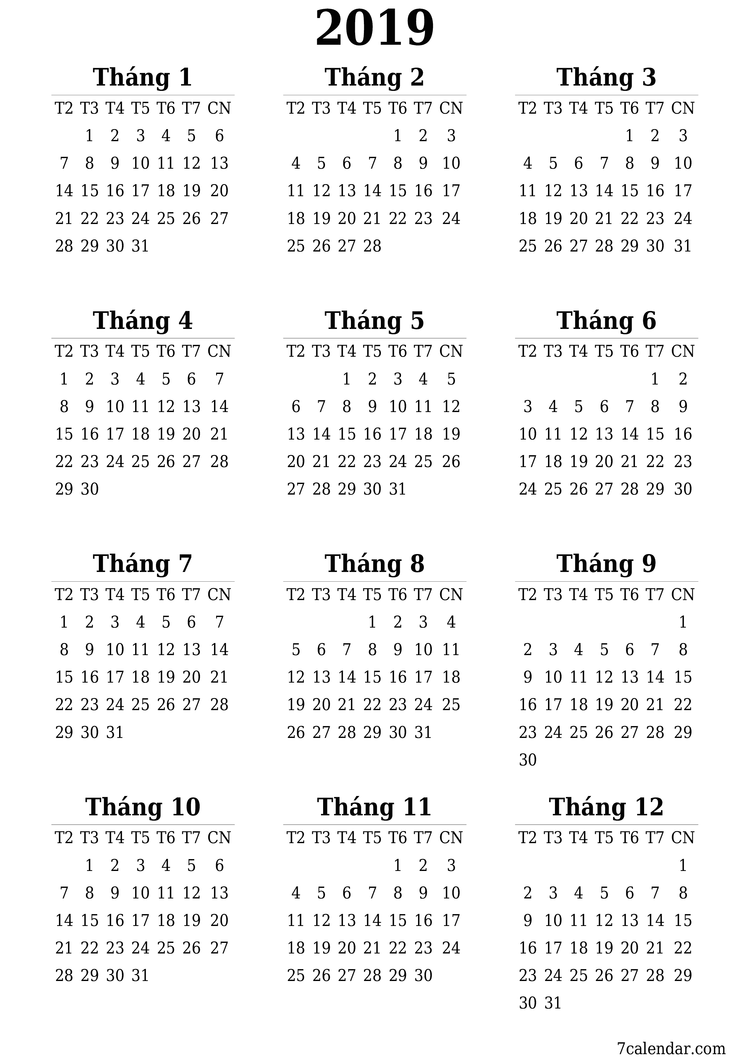  in được treo tường mẫu miễn phíthẳng đứng Hàng năm lịch Tháng 6 (Th6) 2019