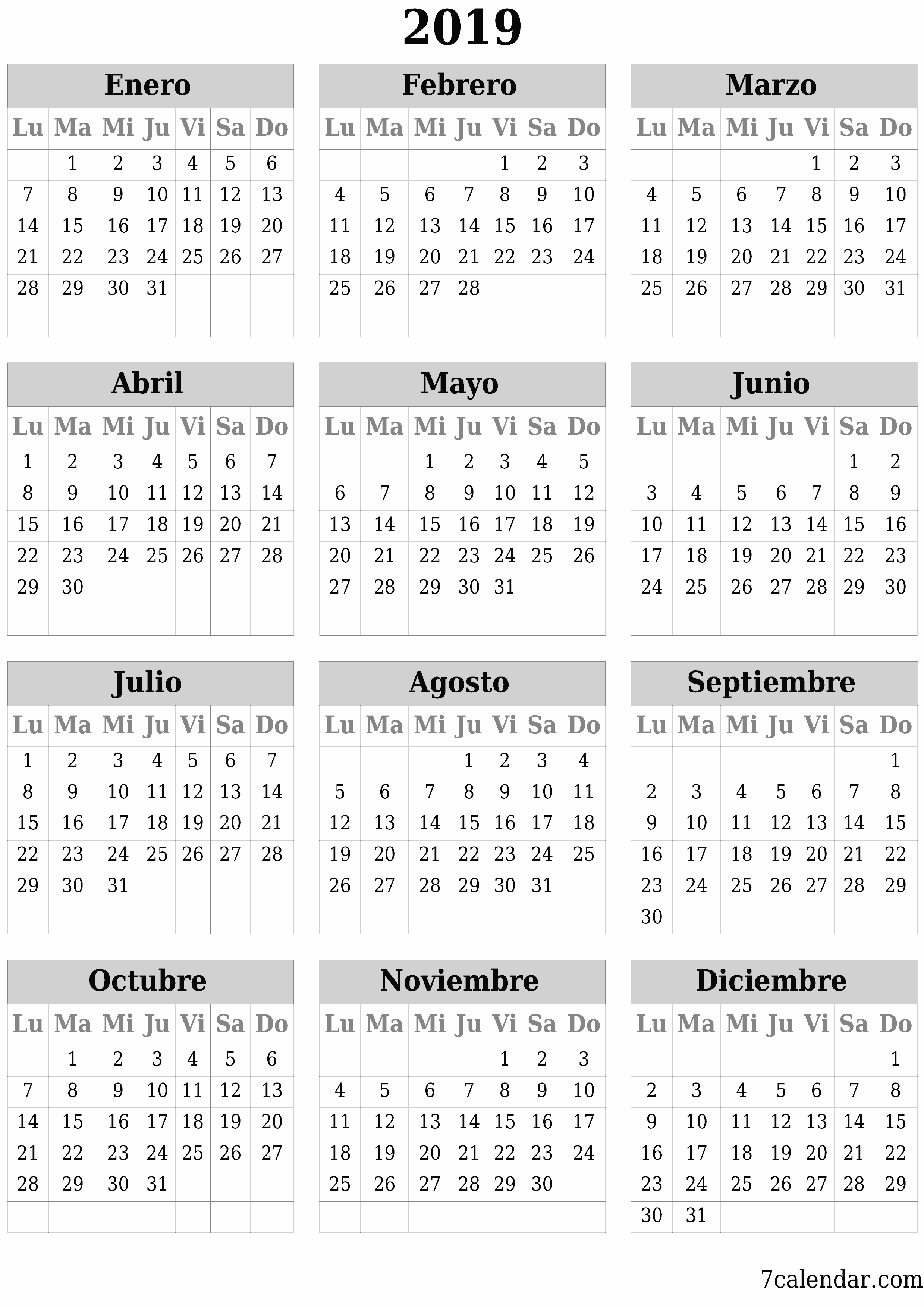 Calendario planificador anual vacío para el año 2019 con notas, guardar e imprimir en PDF PNG Spanish