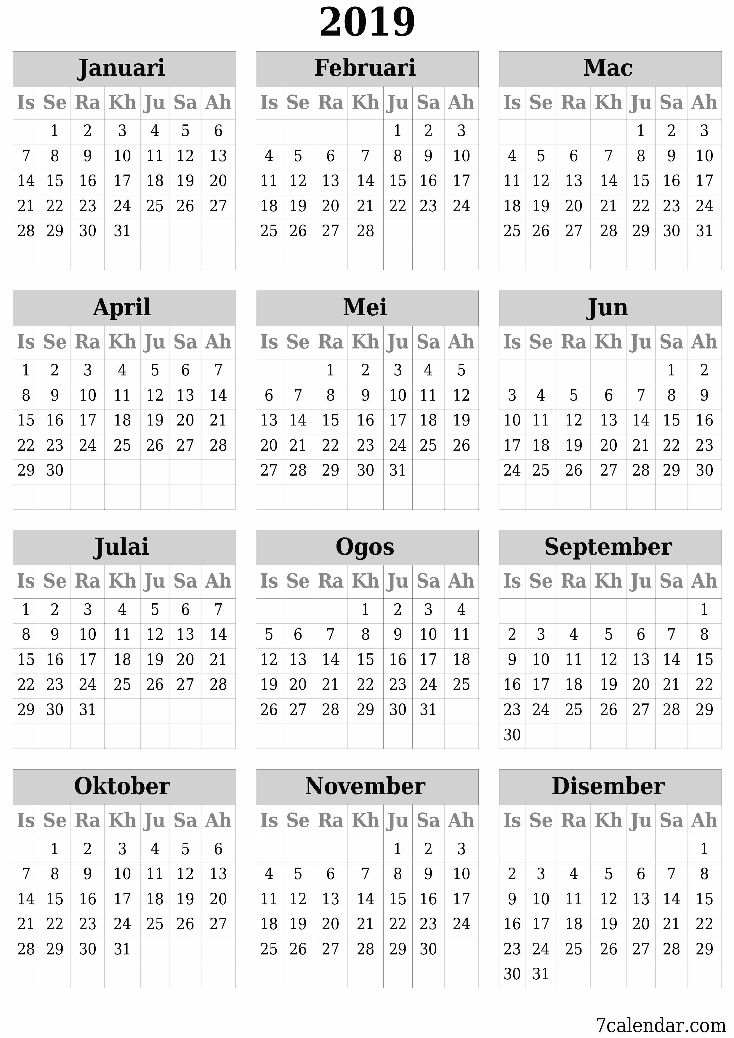 Kalendar perancang tahunan kosong untuk tahun ini 2019 dengan nota, simpan dan cetak ke PDF PNG Malay