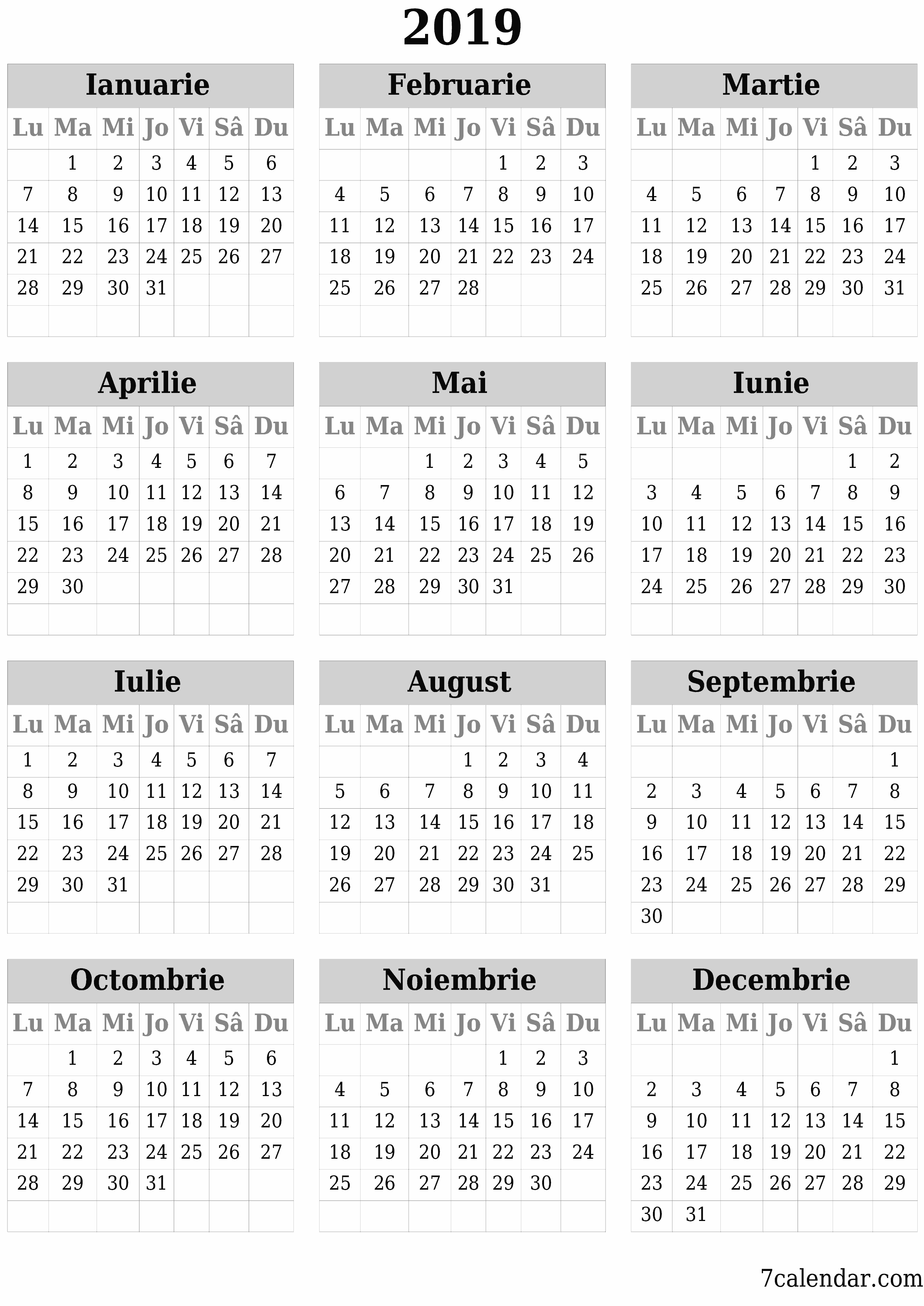 Goliți calendarul anual al planificatorului pentru anul 2019 cu note, salvați și tipăriți în PDF PNG Romanian