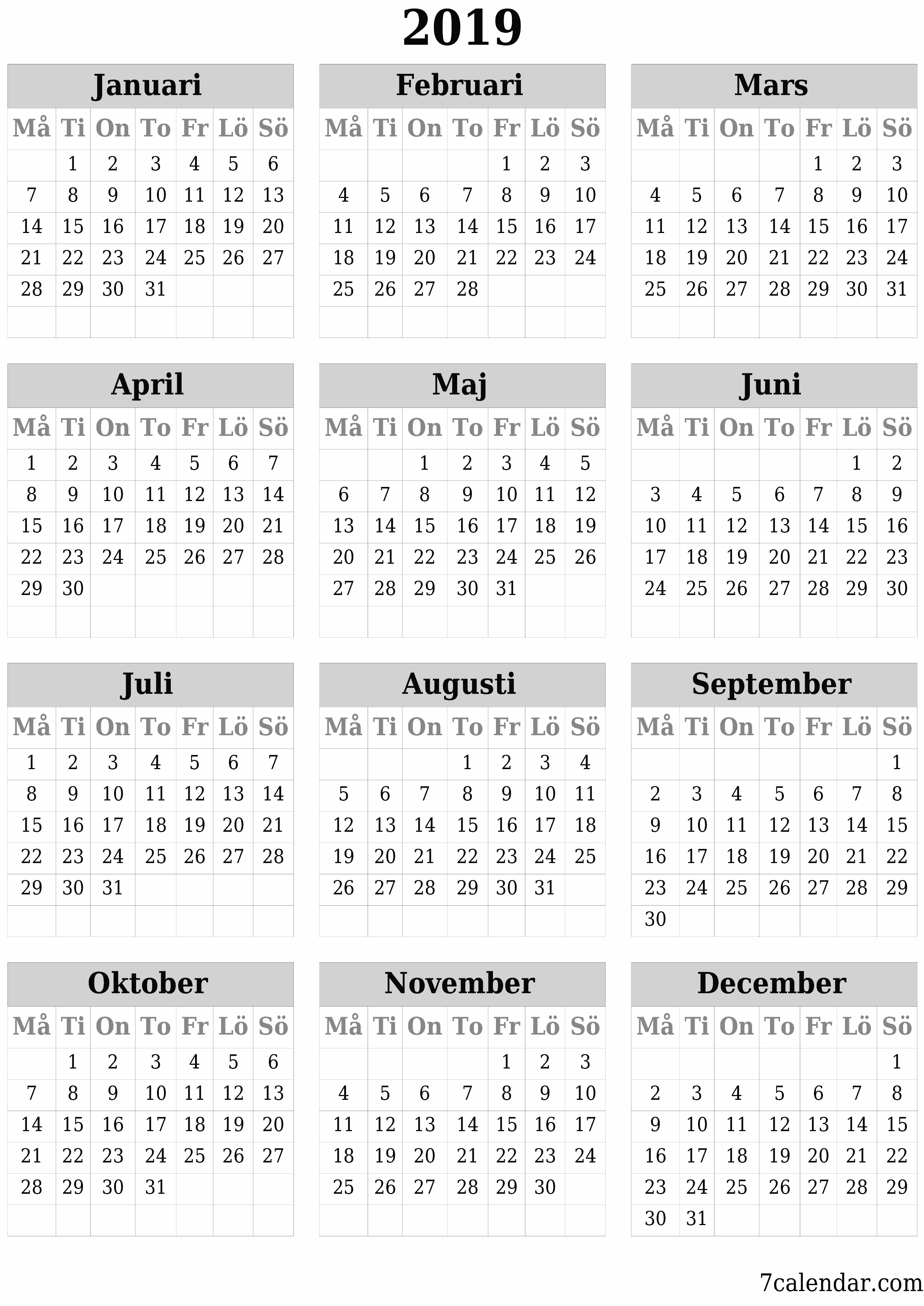 Tom årlig planeringskalender för året 2019 med anteckningar, spara och skriv ut till PDF PNG Swedish