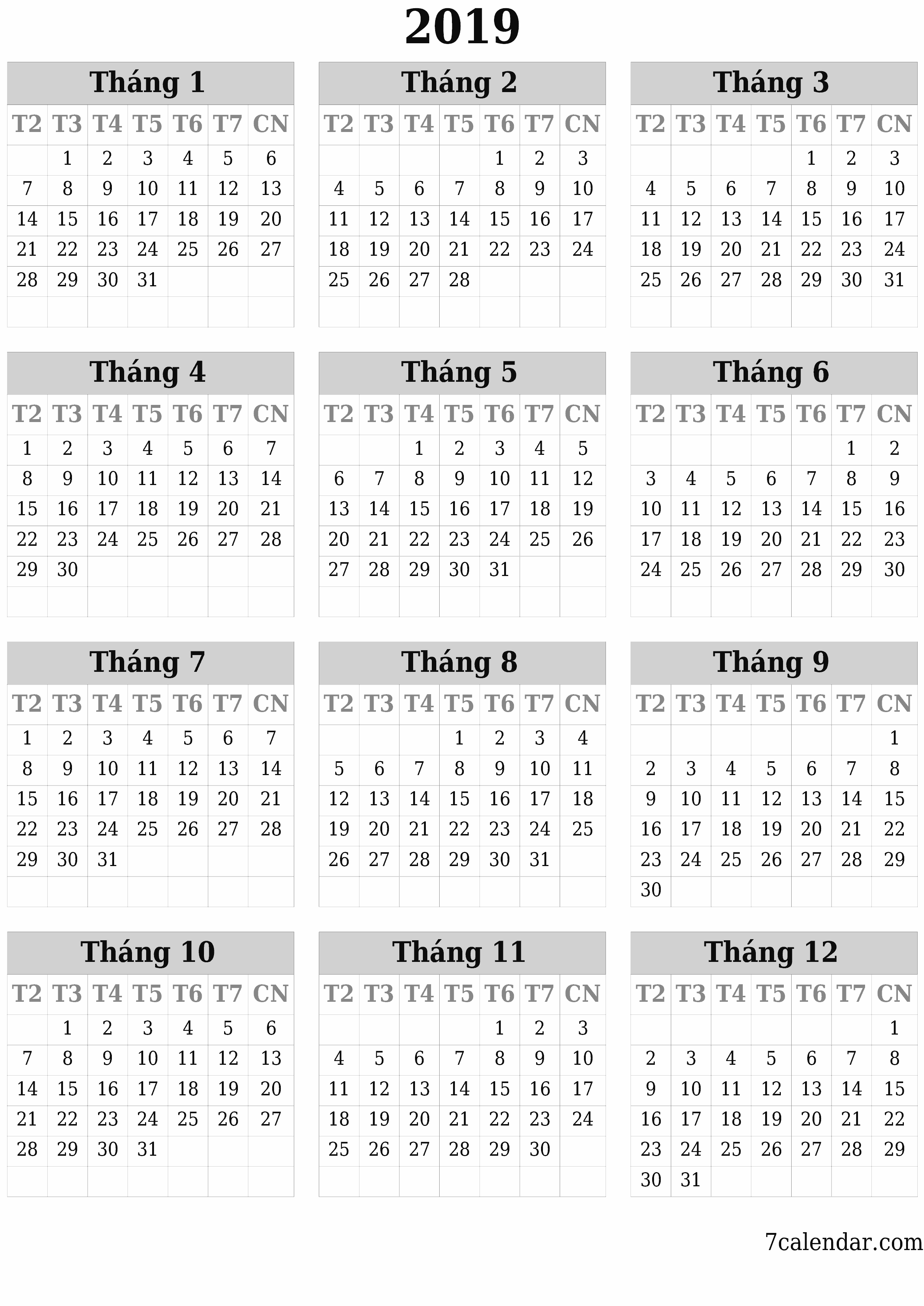  in được treo tường mẫu miễn phíthẳng đứng Hàng năm lịch Tháng 6 (Th6) 2019