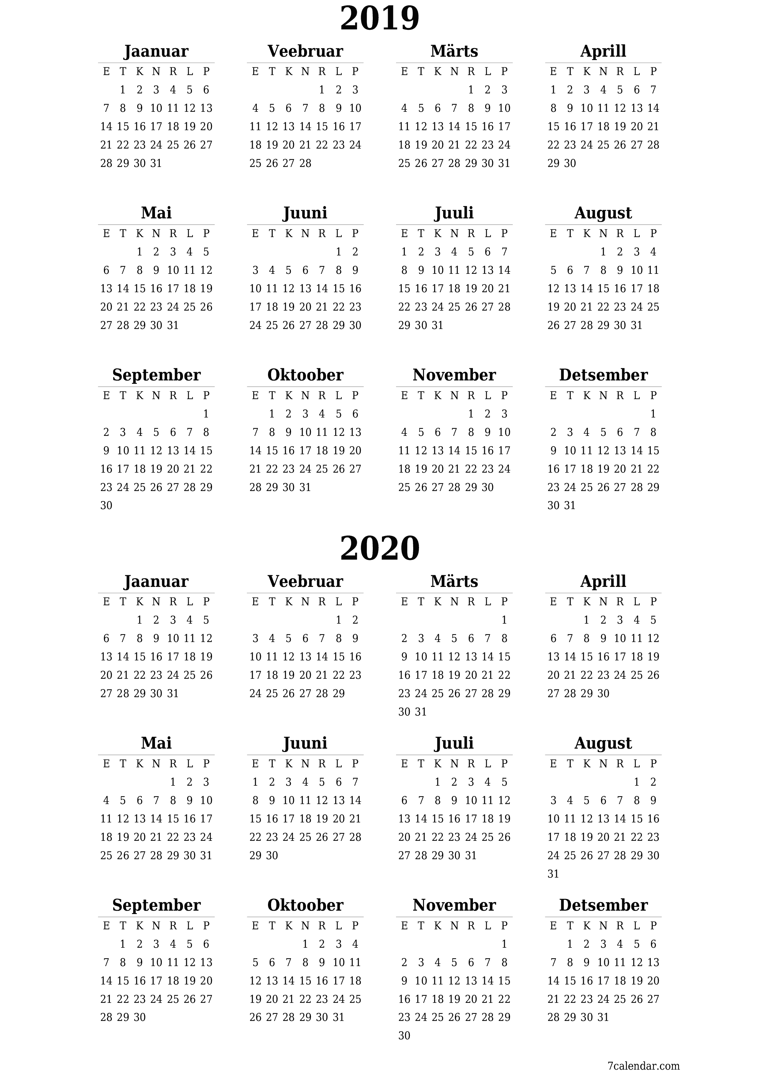 Tühi aasta planeerija kalender aastaks 2019, 2020 koos märkmetega, salvestage ja printige PDF-i PNG Estonian