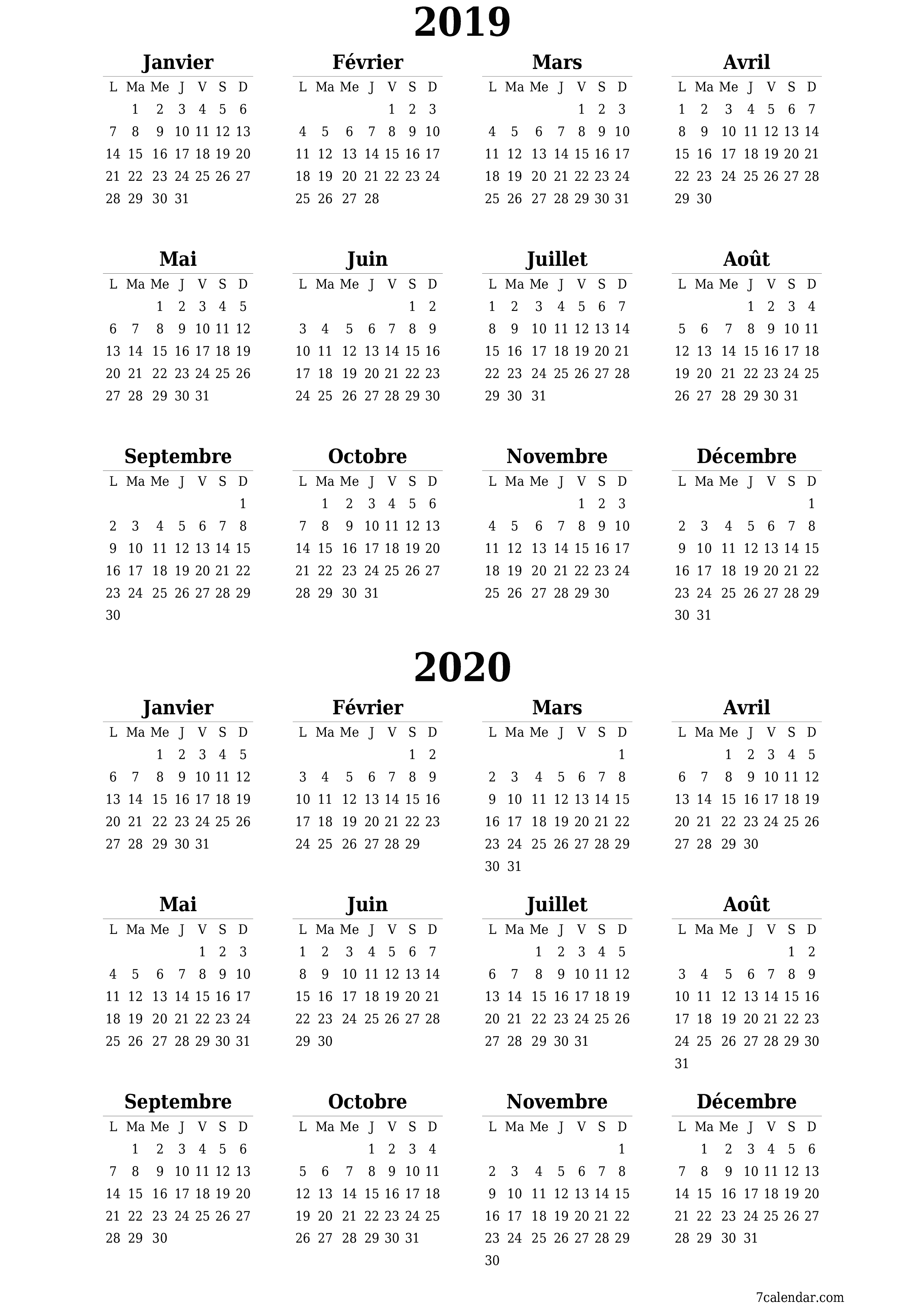 Calendrier annuel vide pour l'année 2019, 2020 avec notes, enregistrer et imprimer au format PDF PNG French