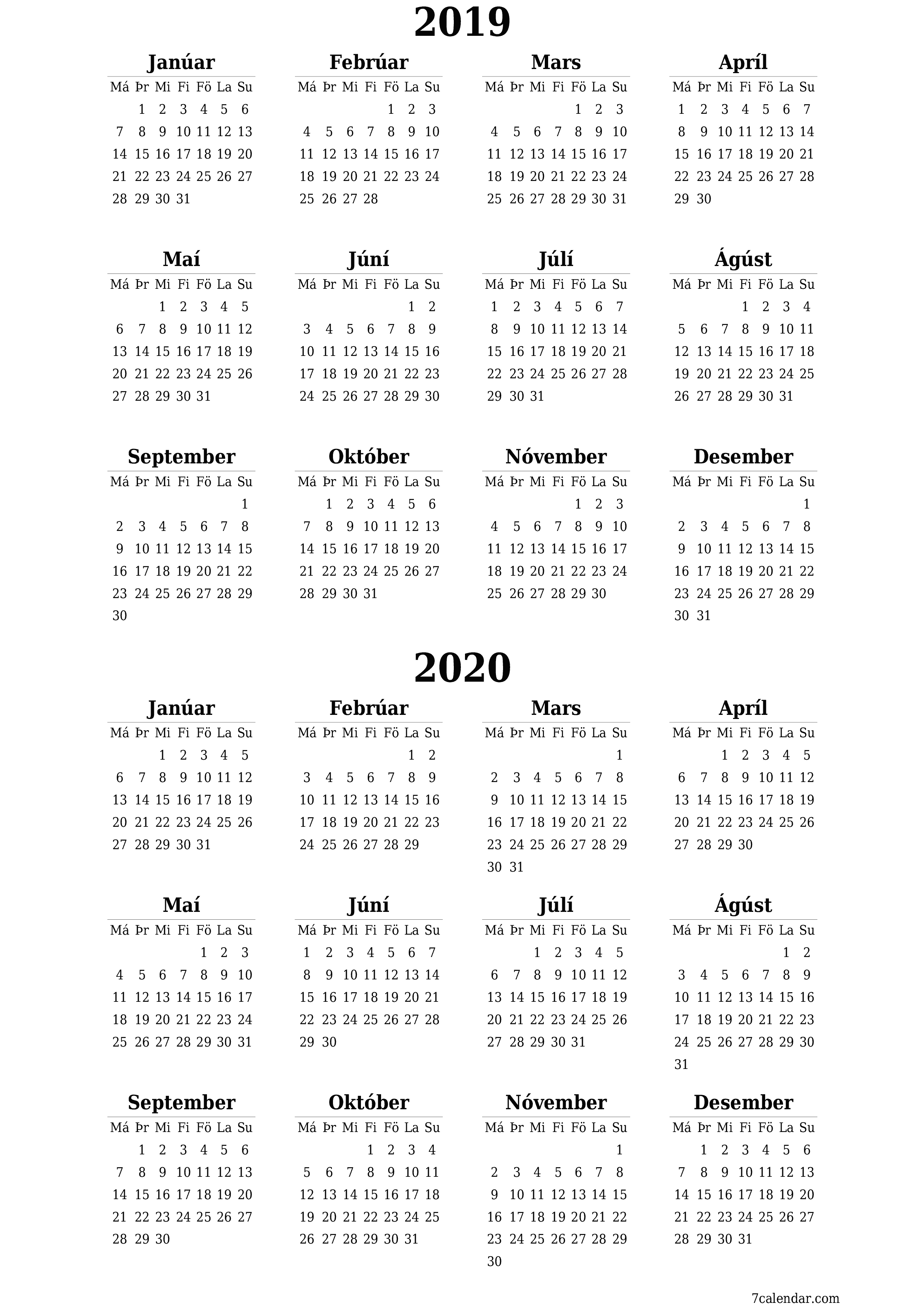 prentanlegt vegg sniðmát fyrir ókeypis lóðrétt Árlega dagatal Júní (Jún) 2019