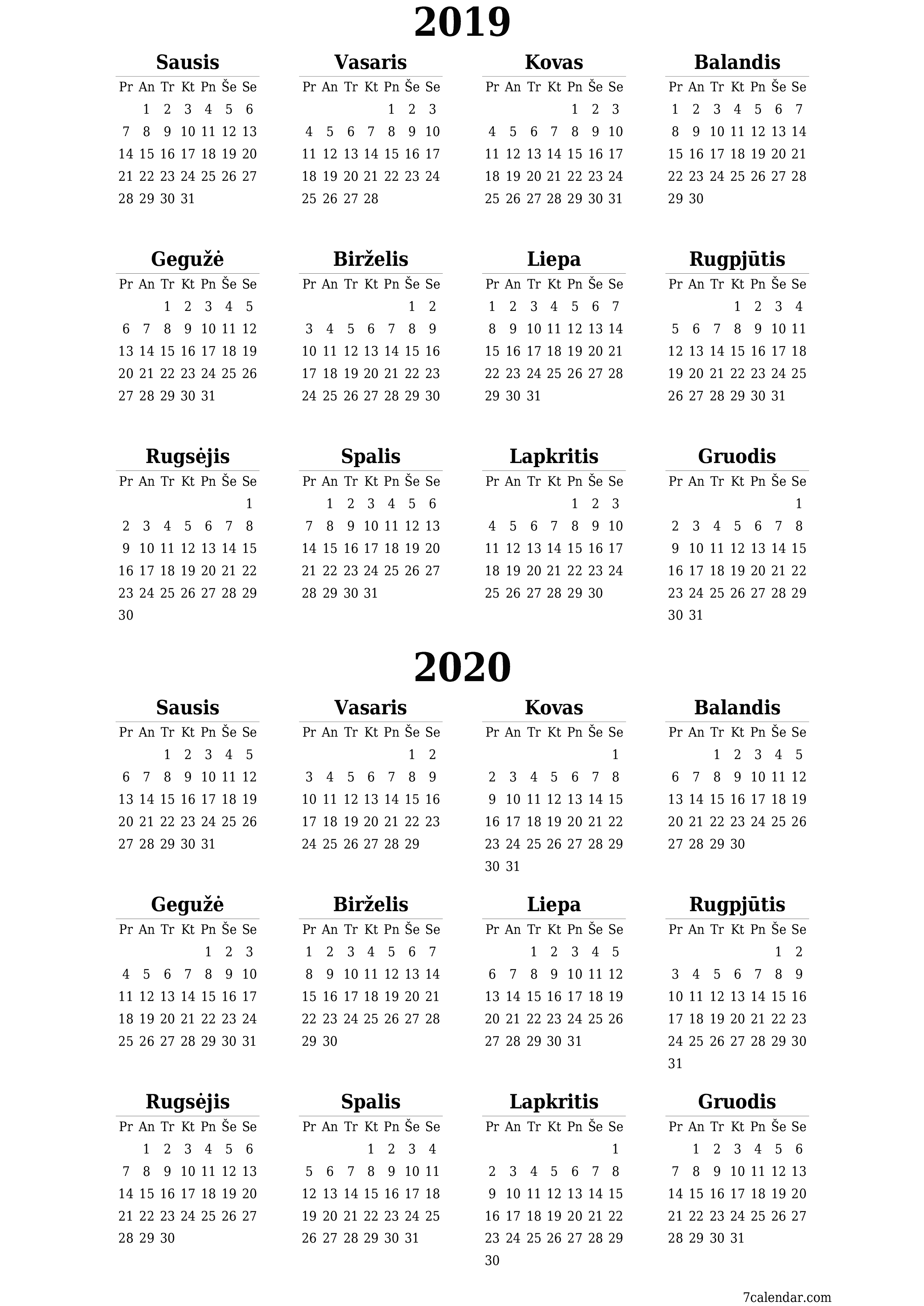 Tuščias metų planavimo kalendorius 2019, 2020 su užrašais, išsaugokite ir atsispausdinkite PDF formatu PNG Lithuanian