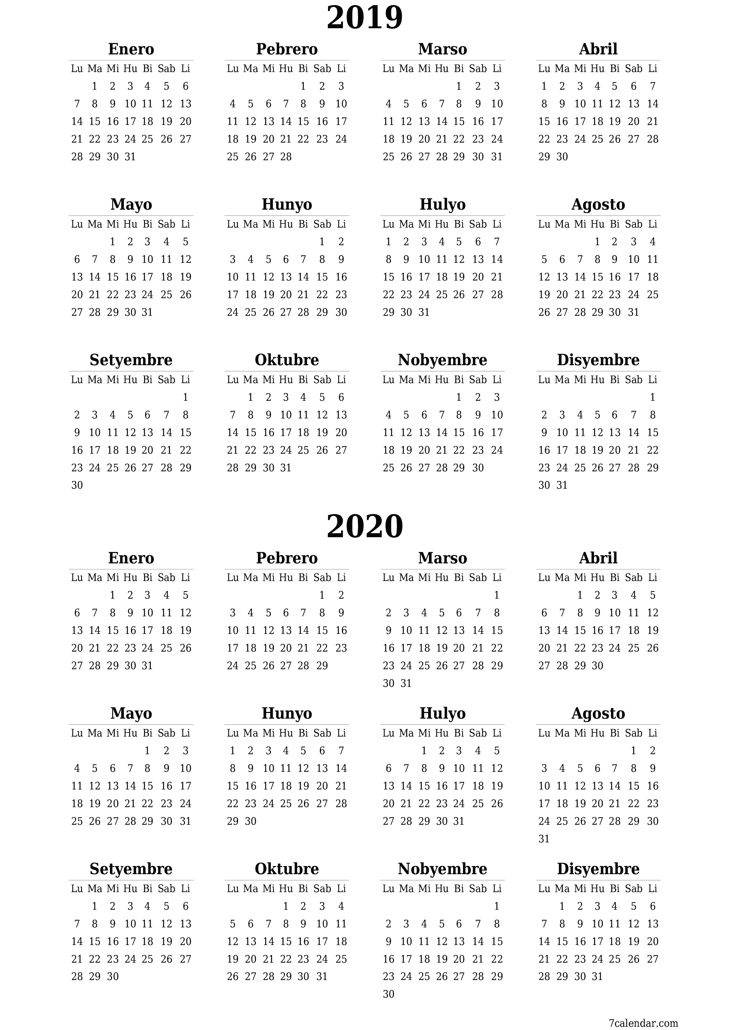 Walang laman ang taunang kalendaryo ng tagaplano para sa taong 2019, 2020 na may mga tala, i-save at i-print sa PDF PNG Filipino