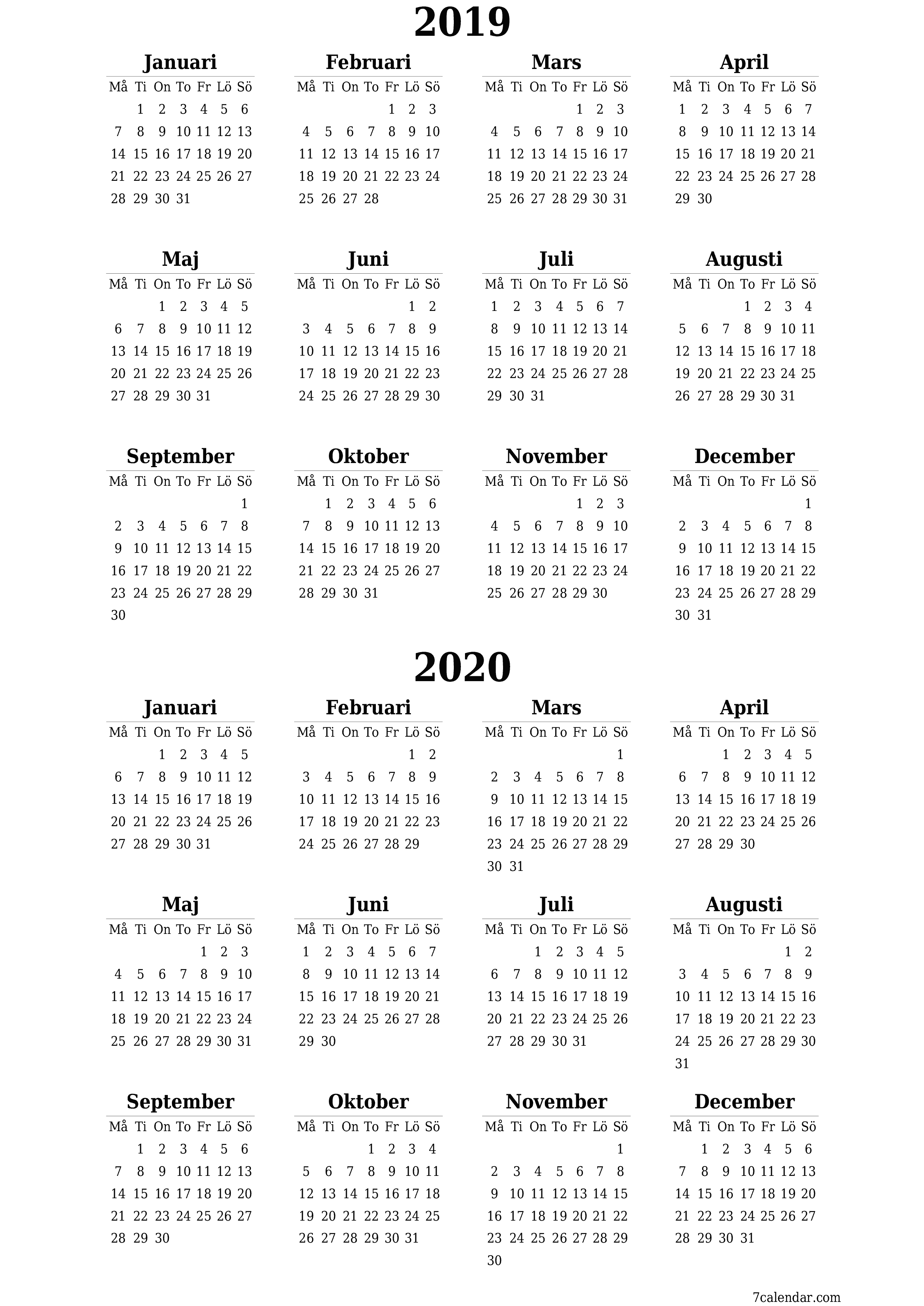 Tom årlig planeringskalender för året 2019, 2020 med anteckningar, spara och skriv ut till PDF PNG Swedish