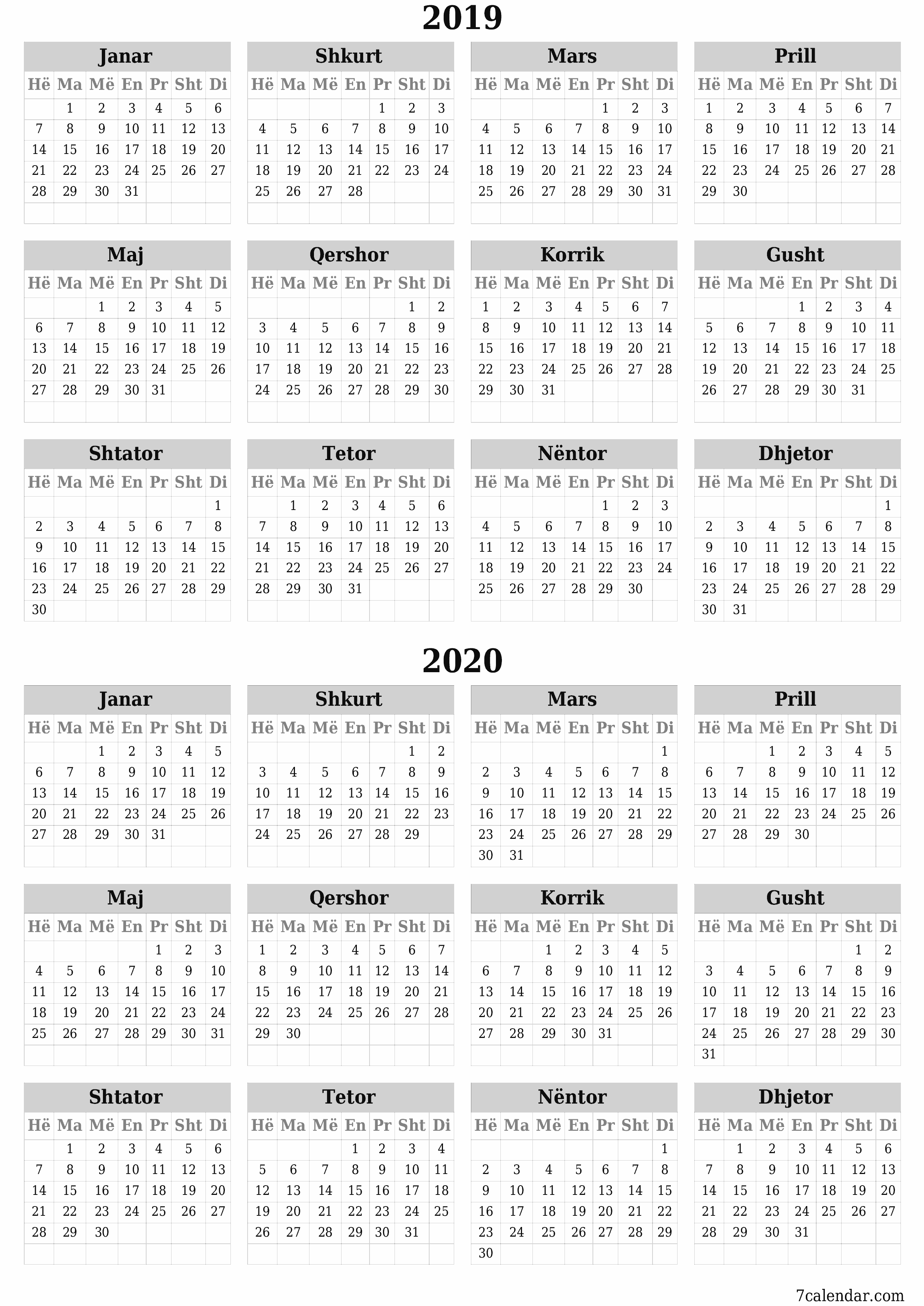 Planifikuesi bosh i kalendarit vjetor për vitin 2019, 2020 me shënime, ruani dhe printoni në PDF PNG Albanian