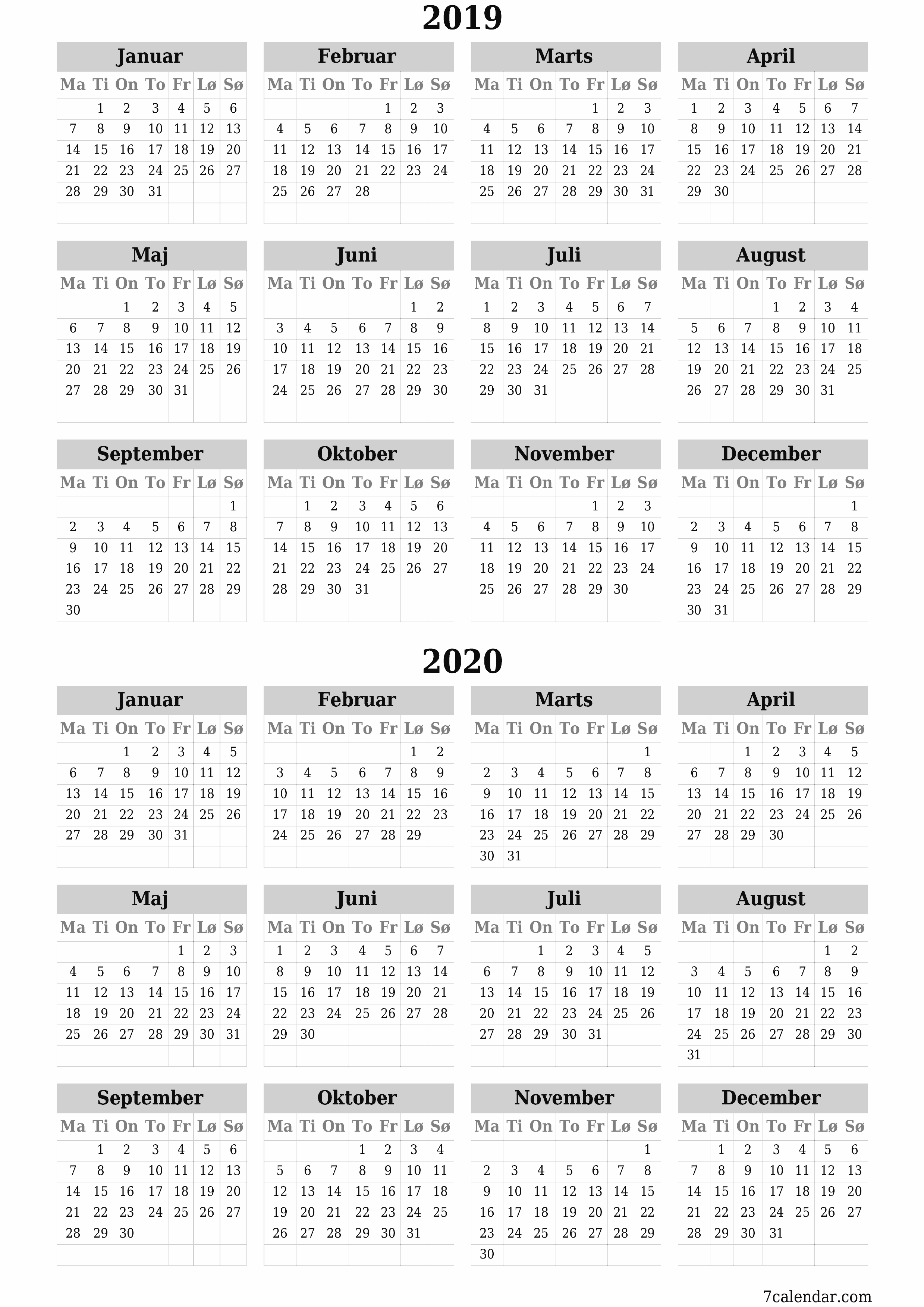 udskrivbar væg skabelon gratis lodret Årligt kalender April (Apr) 2019