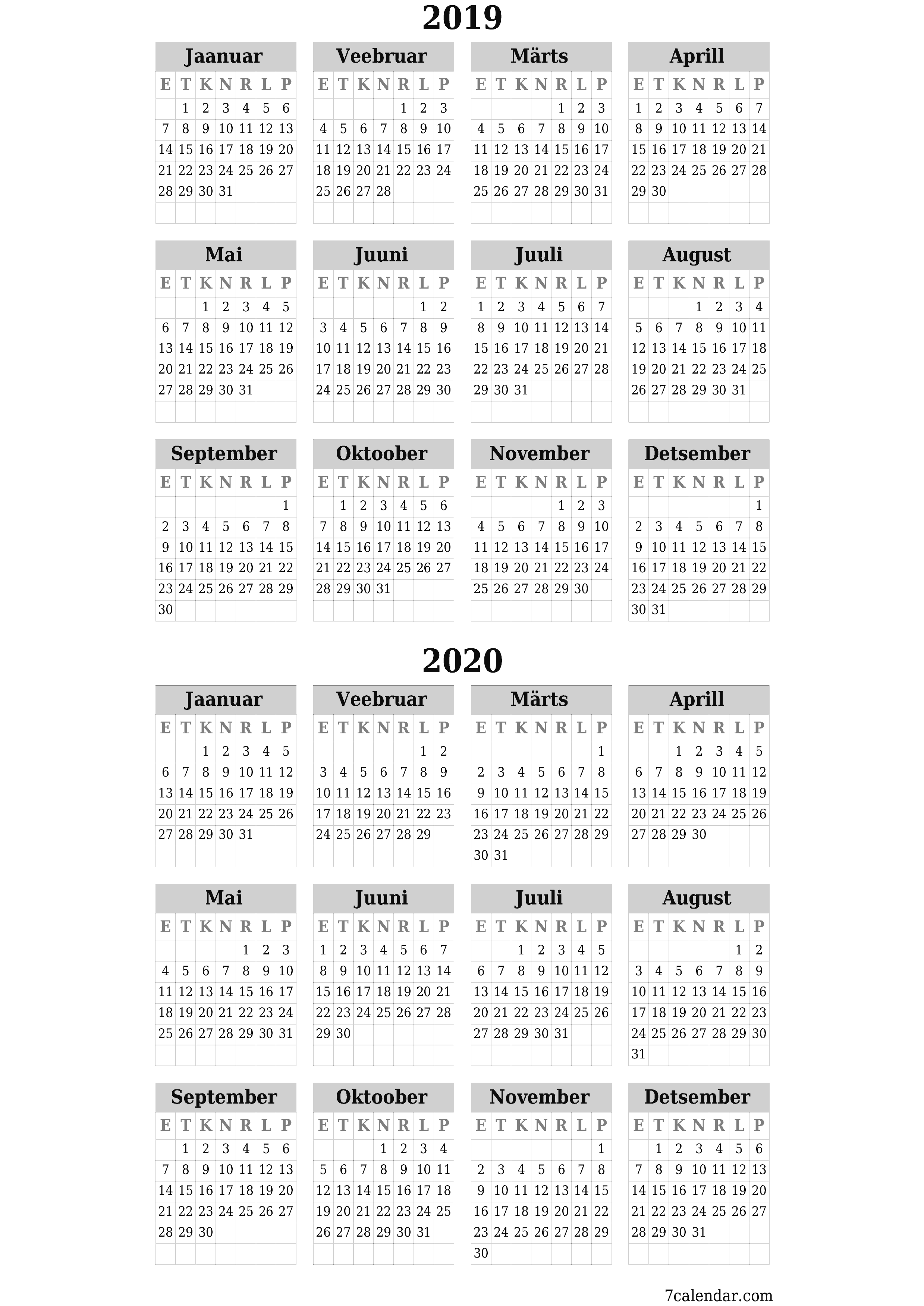 Tühi aasta planeerija kalender aastaks 2019, 2020 koos märkmetega, salvestage ja printige PDF-i PNG Estonian