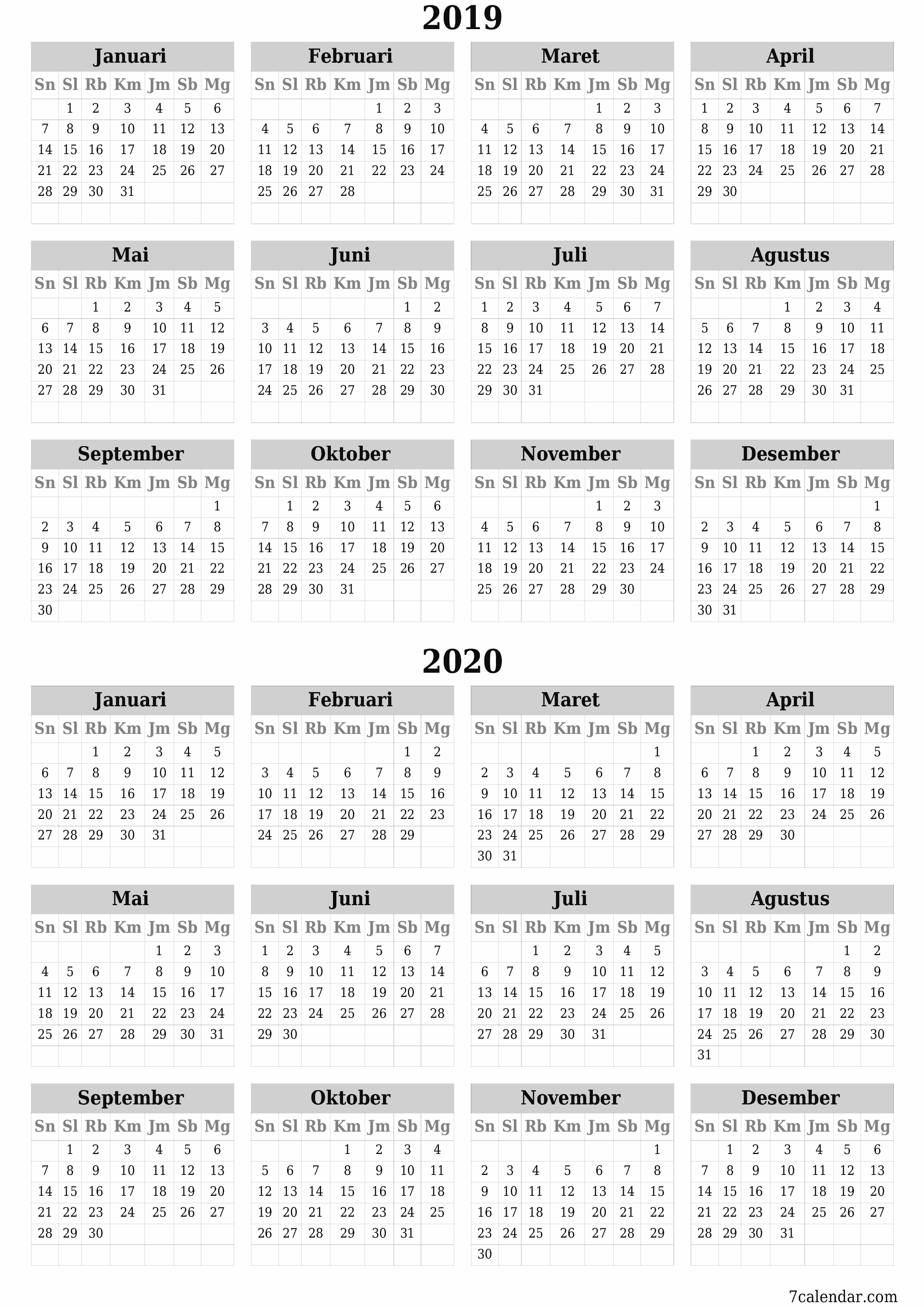 Kosongkan kalender perencana tahunan untuk tahun ini 2019, 2020 dengan catatan, simpan dan cetak ke PDF PNG Indonesian