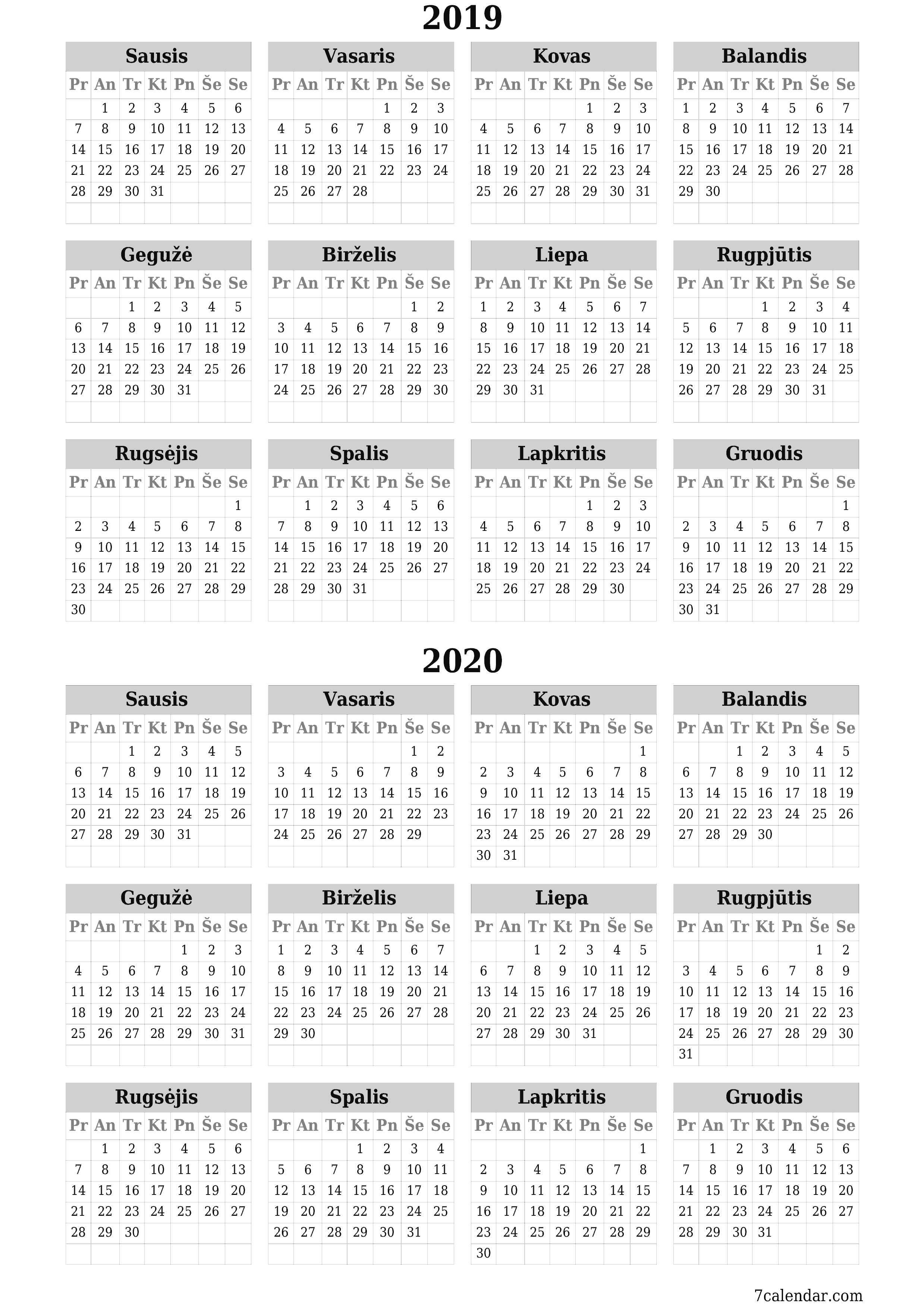 Tuščias metų planavimo kalendorius 2019, 2020 su užrašais, išsaugokite ir atsispausdinkite PDF formatu PNG Lithuanian