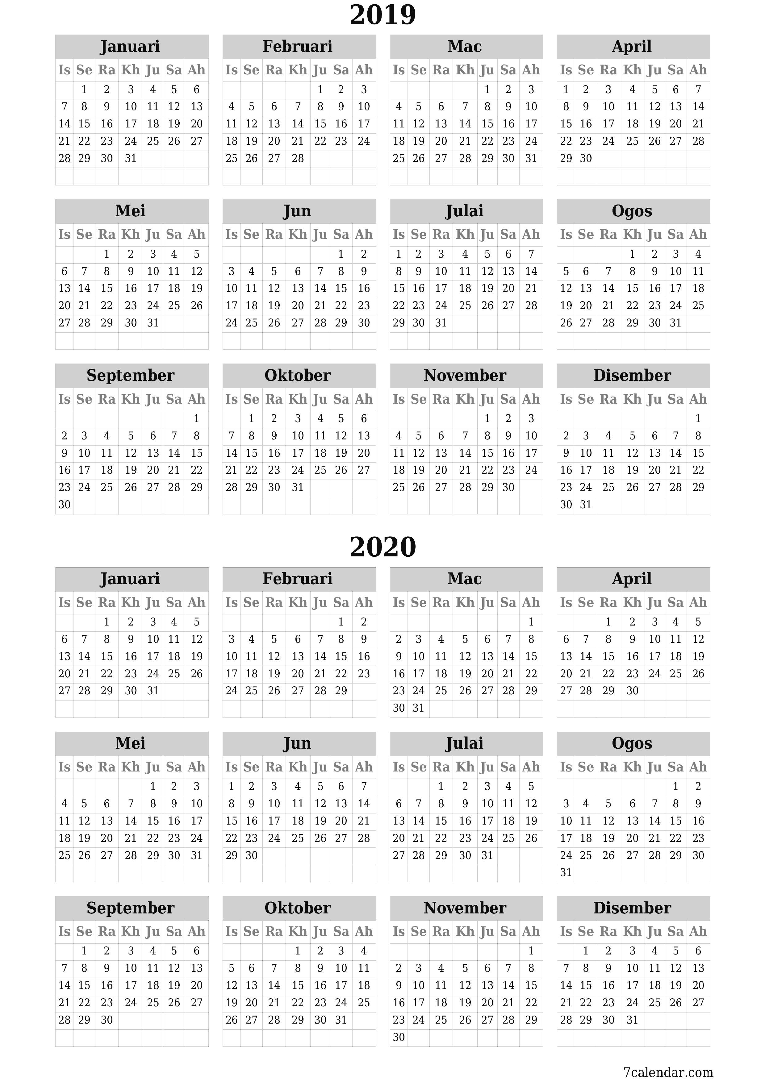 Kalendar perancang tahunan kosong untuk tahun ini 2019, 2020 dengan nota, simpan dan cetak ke PDF PNG Malay