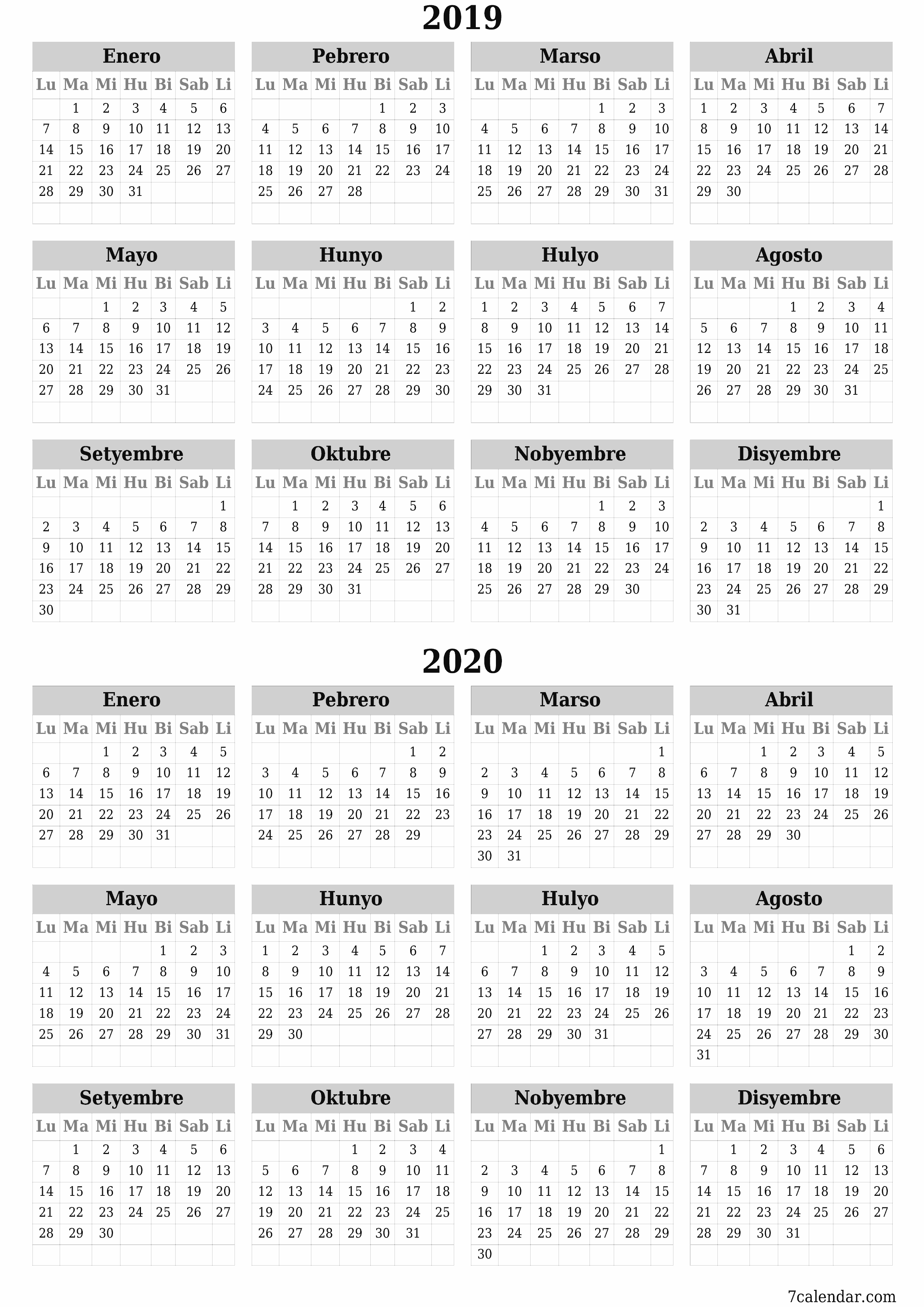 Walang laman ang taunang kalendaryo ng tagaplano para sa taong 2019, 2020 na may mga tala, i-save at i-print sa PDF PNG Filipino