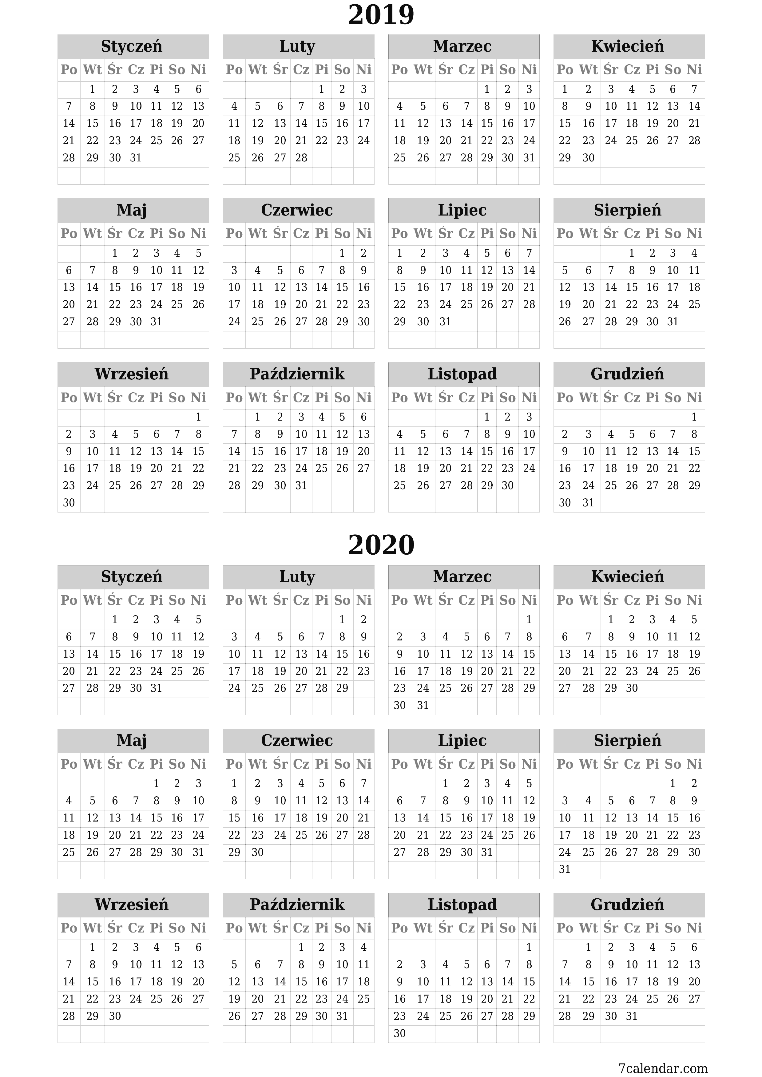  do druku ścienny szablon a darmowy pionowy Roczny kalendarz Czerwiec (Cze) 2019