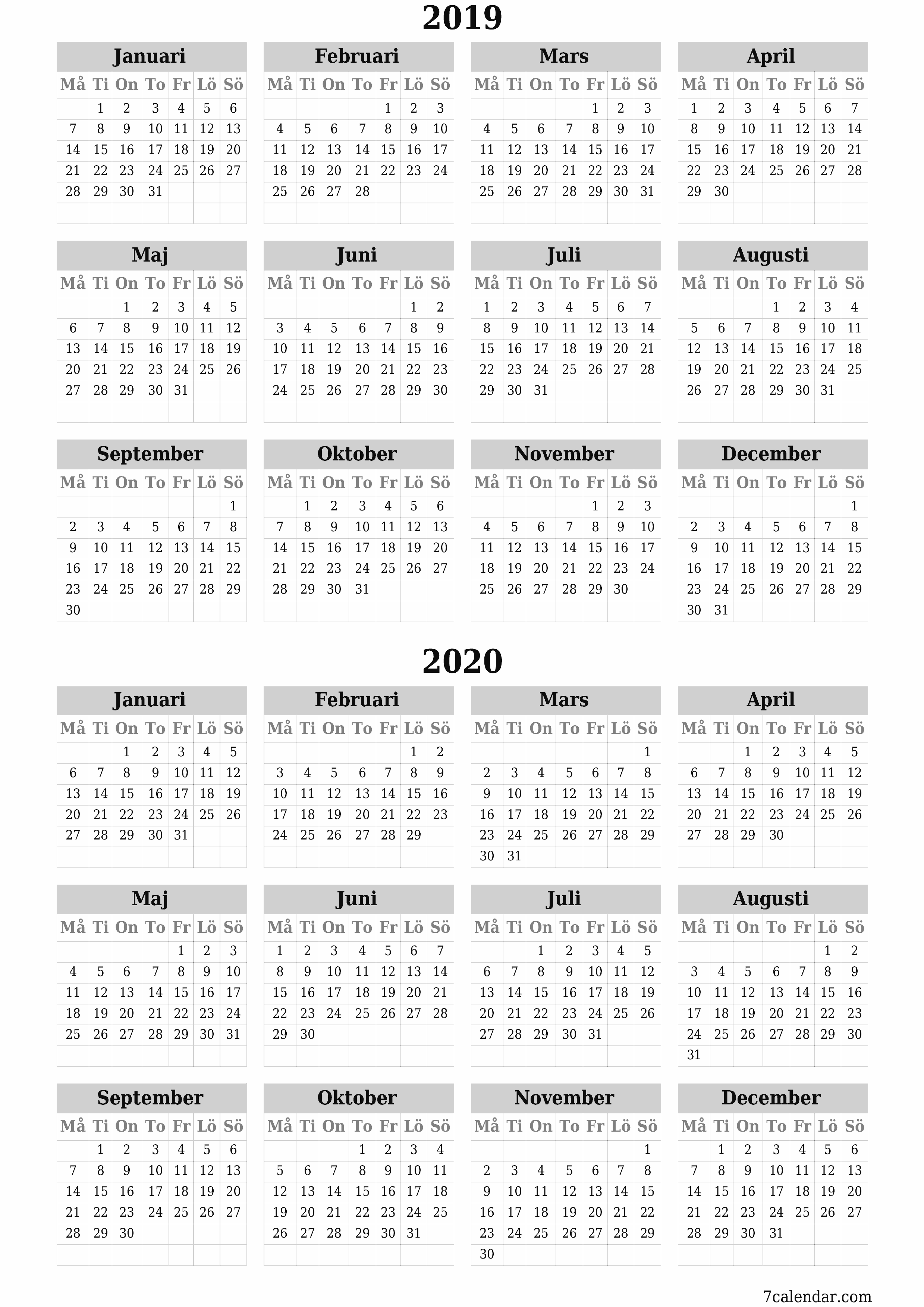 Tom årlig planeringskalender för året 2019, 2020 med anteckningar, spara och skriv ut till PDF PNG Swedish