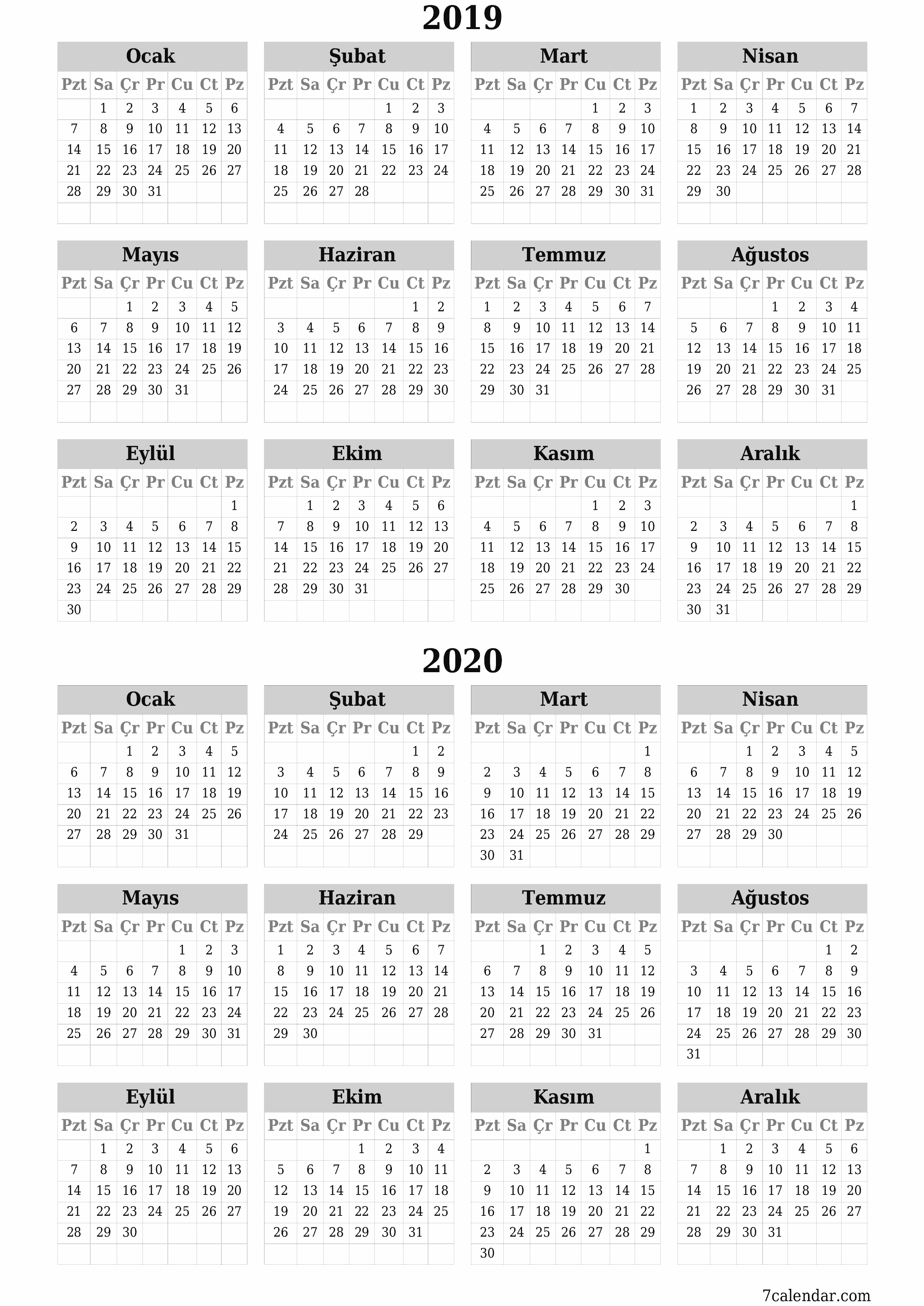 yazdırılabilir duvar i şablonu ücretsiz dikey Yıllık takvim Haziran (Haz) 2019