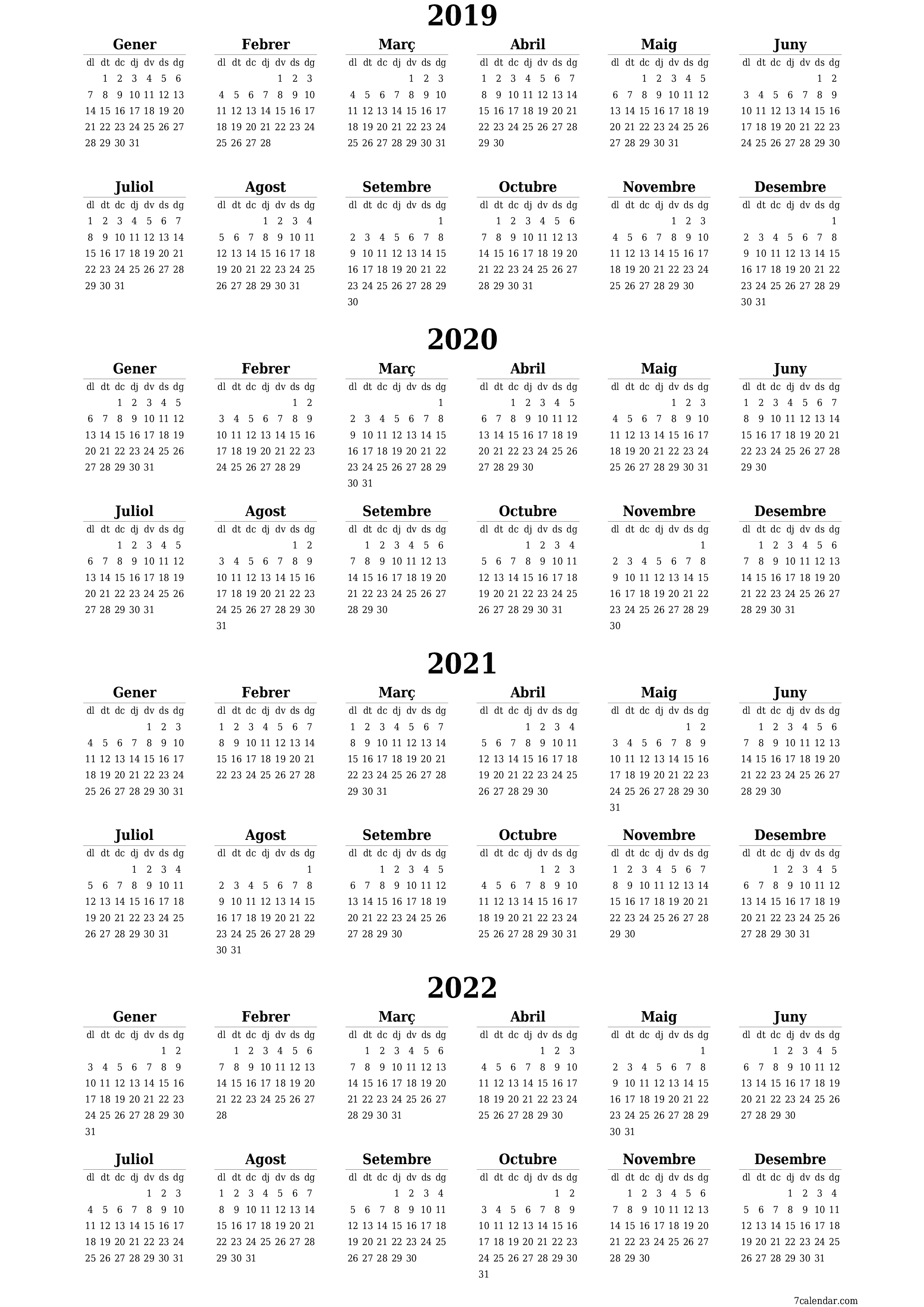  imprimible de paret plantilla de gratuïtvertical Anual calendari Juny (Jun) 2019