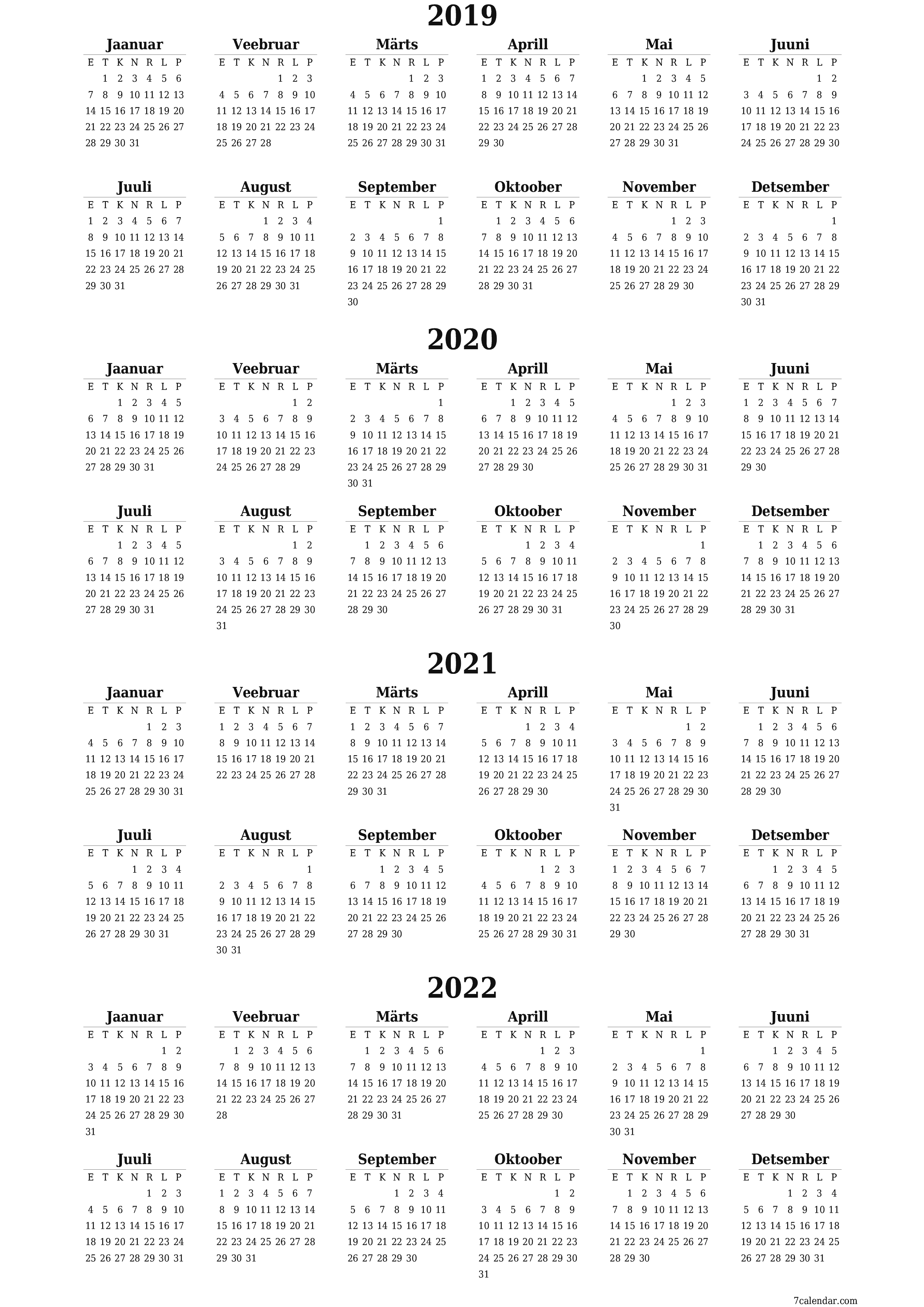 Tühi aasta planeerija kalender aastaks 2019, 2020, 2021, 2022 koos märkmetega, salvestage ja printige PDF-i PNG Estonian