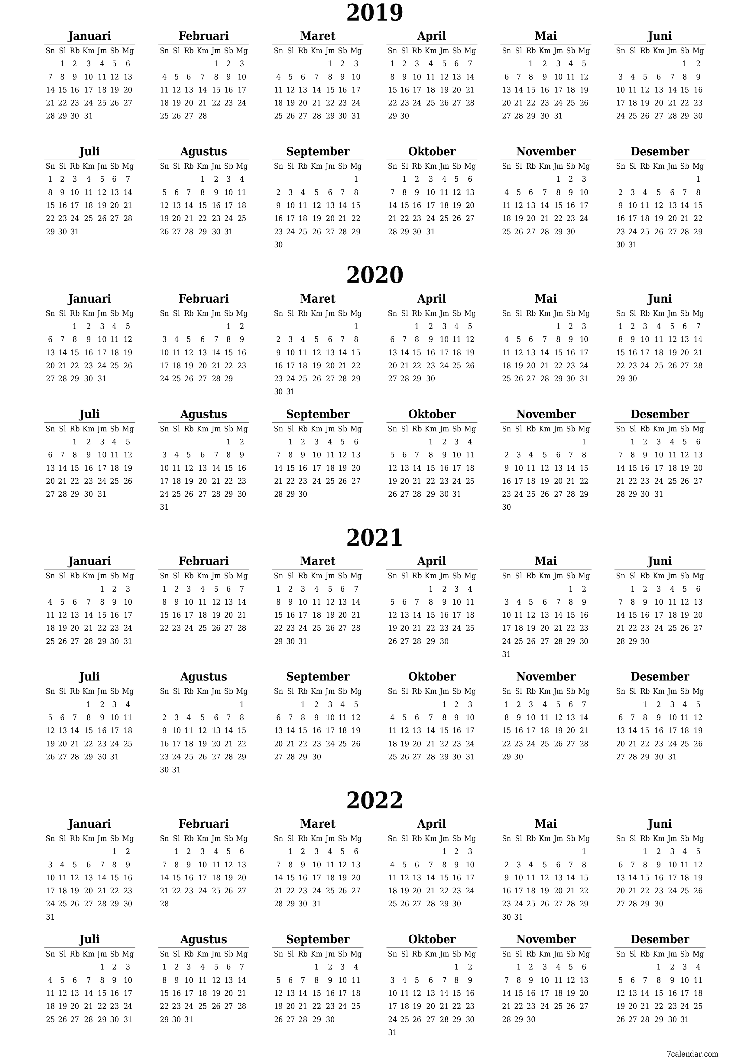 Kosongkan kalender perencana tahunan untuk tahun ini 2019, 2020, 2021, 2022 dengan catatan, simpan dan cetak ke PDF PNG Indonesian