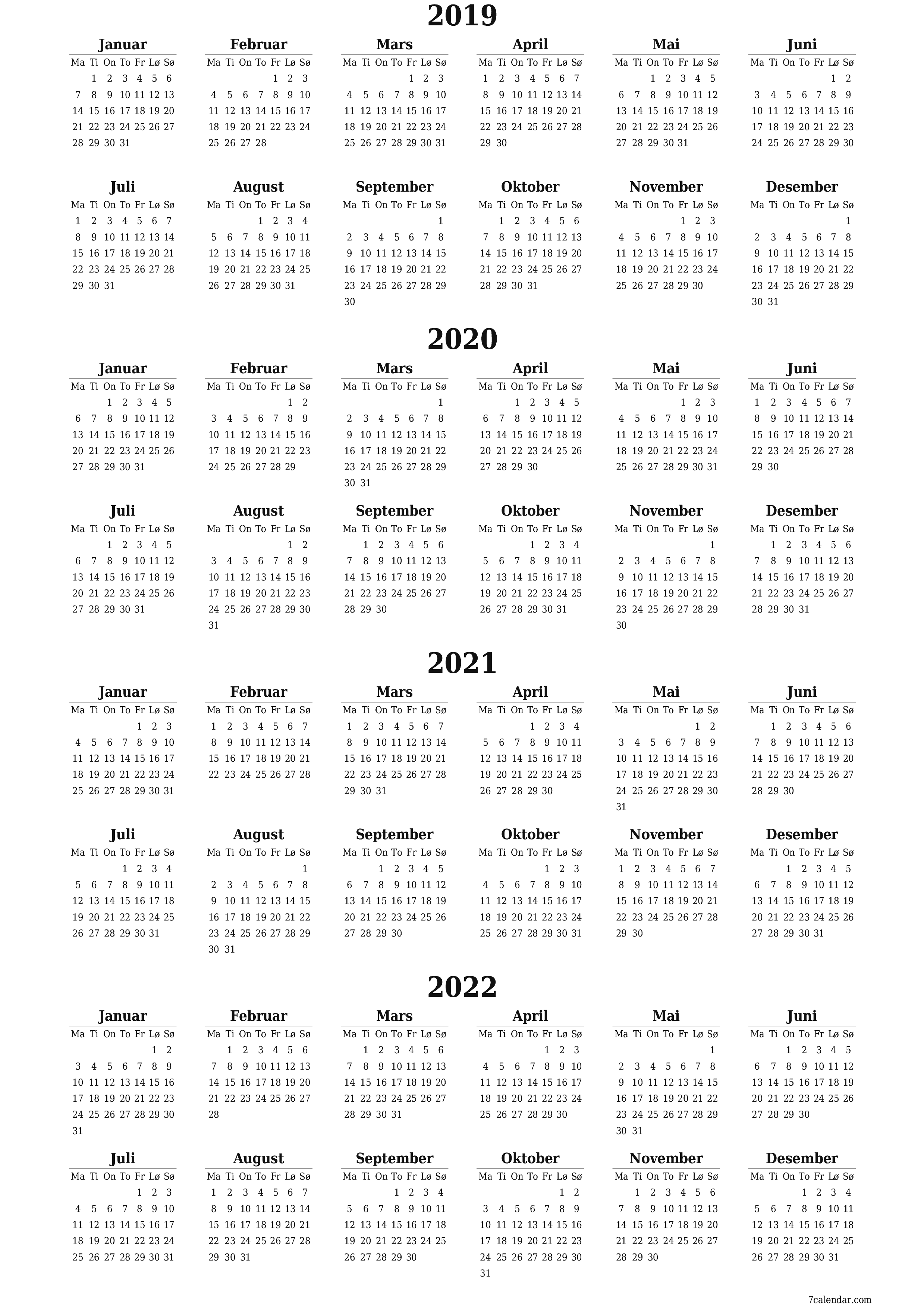 Tom årlig planleggerkalender for året 2019, 2020, 2021, 2022 med notater, lagre og skrive ut i PDF PNG Norwegian