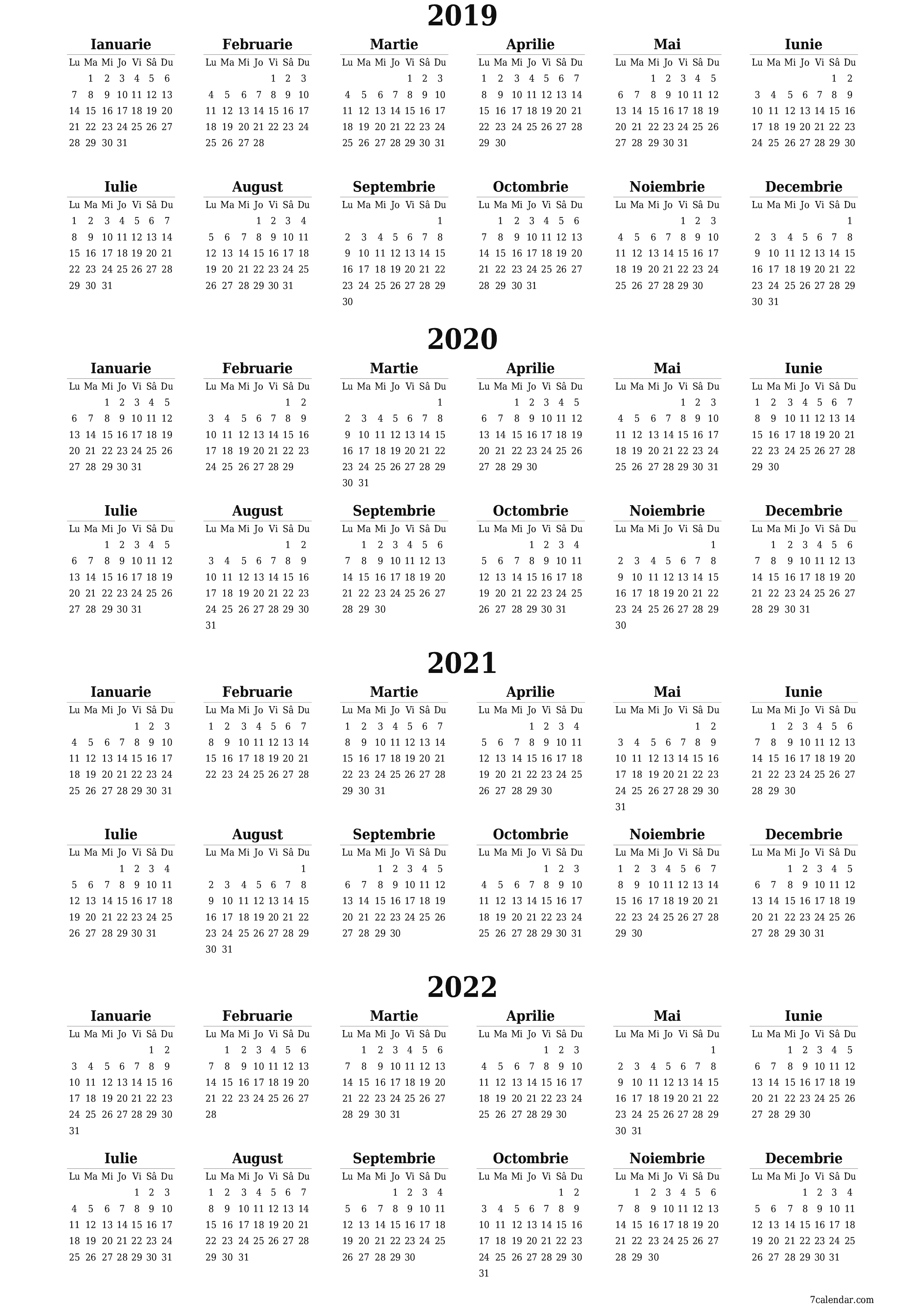 Goliți calendarul anual al planificatorului pentru anul 2019, 2020, 2021, 2022 cu note, salvați și tipăriți în PDF PNG Romanian