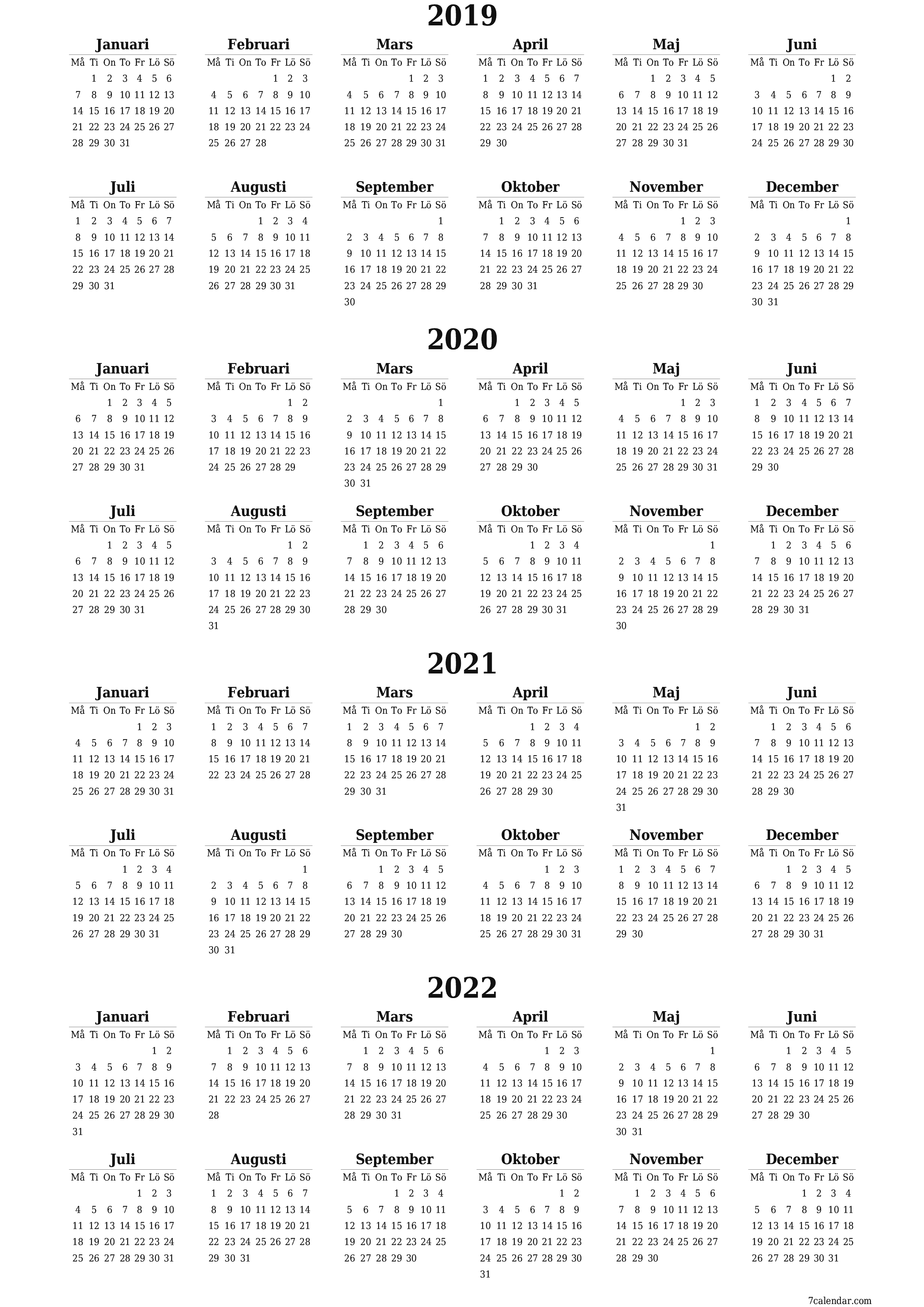 Tom årlig planeringskalender för året 2019, 2020, 2021, 2022 med anteckningar, spara och skriv ut till PDF PNG Swedish