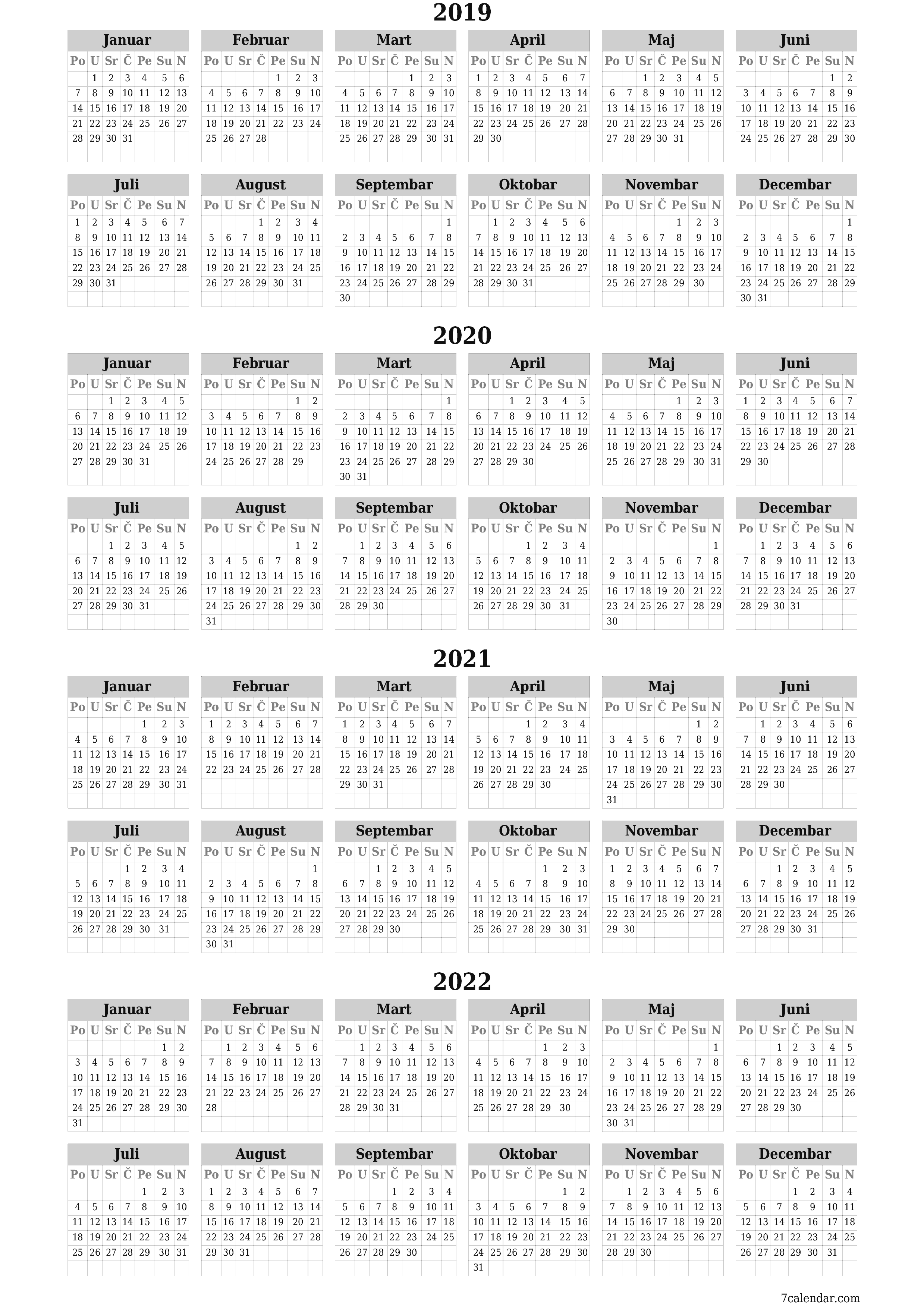 Ispraznite godišnji kalendar planera za godinu 2019, 2020, 2021, 2022 s bilješkama, spremite i ispišite u PDF PNG Bosnian