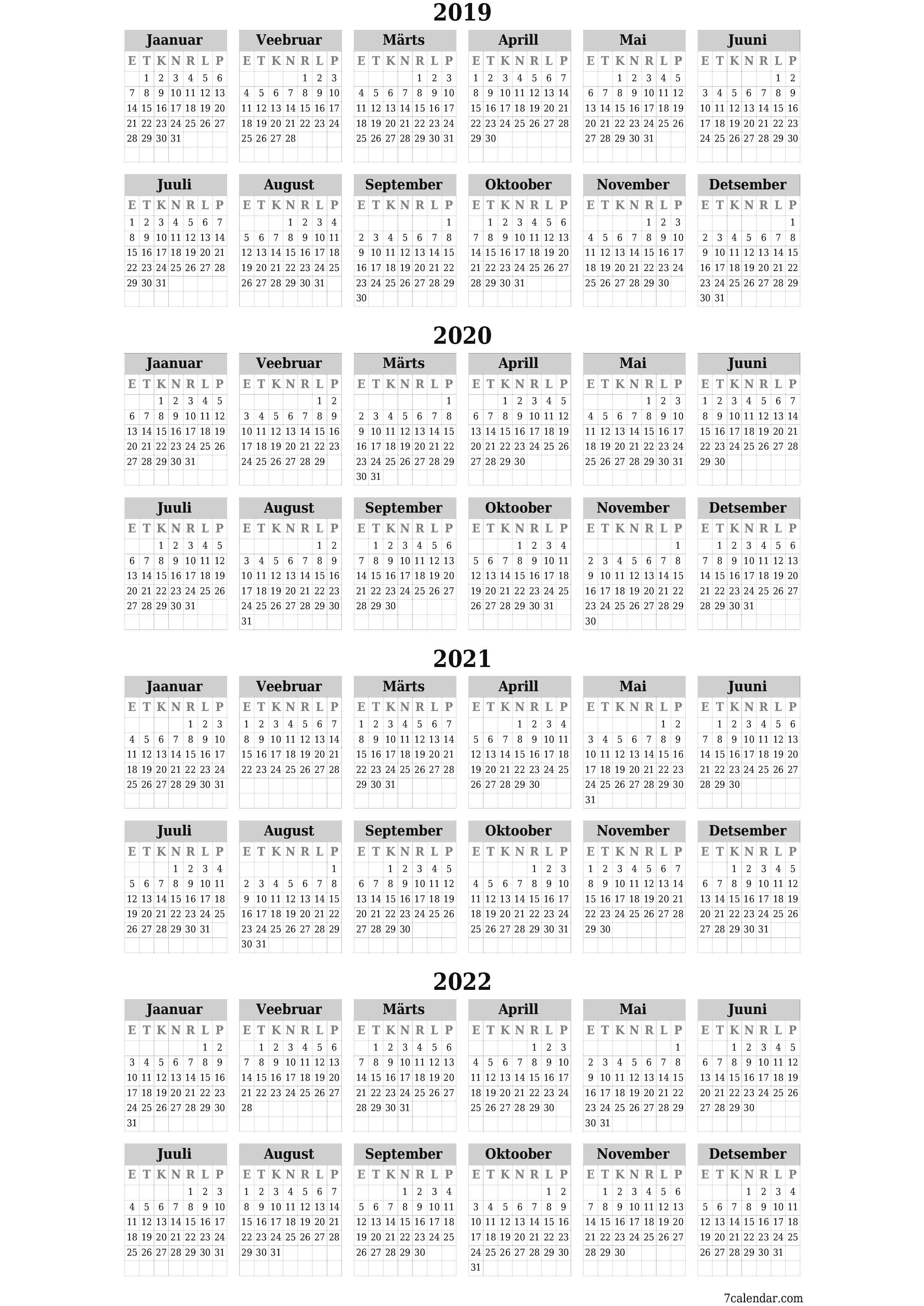 Tühi aasta planeerija kalender aastaks 2019, 2020, 2021, 2022 koos märkmetega, salvestage ja printige PDF-i PNG Estonian