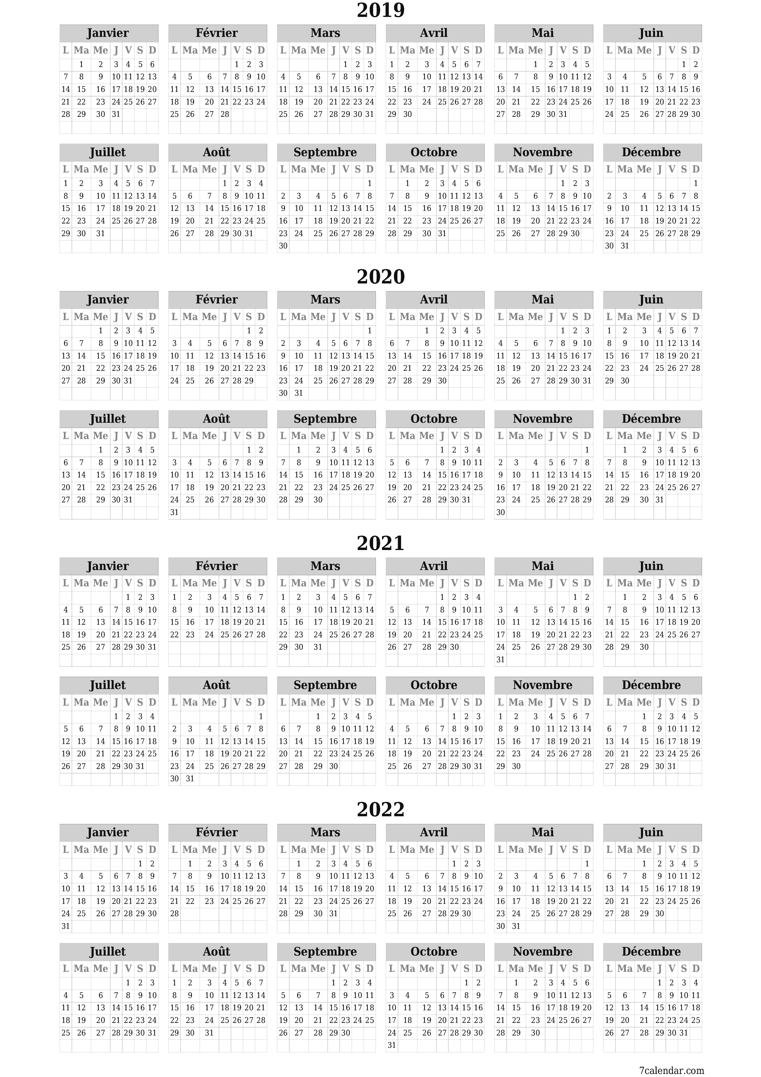 Calendrier annuel vide pour l'année 2019, 2020, 2021, 2022 avec notes, enregistrer et imprimer au format PDF PNG French