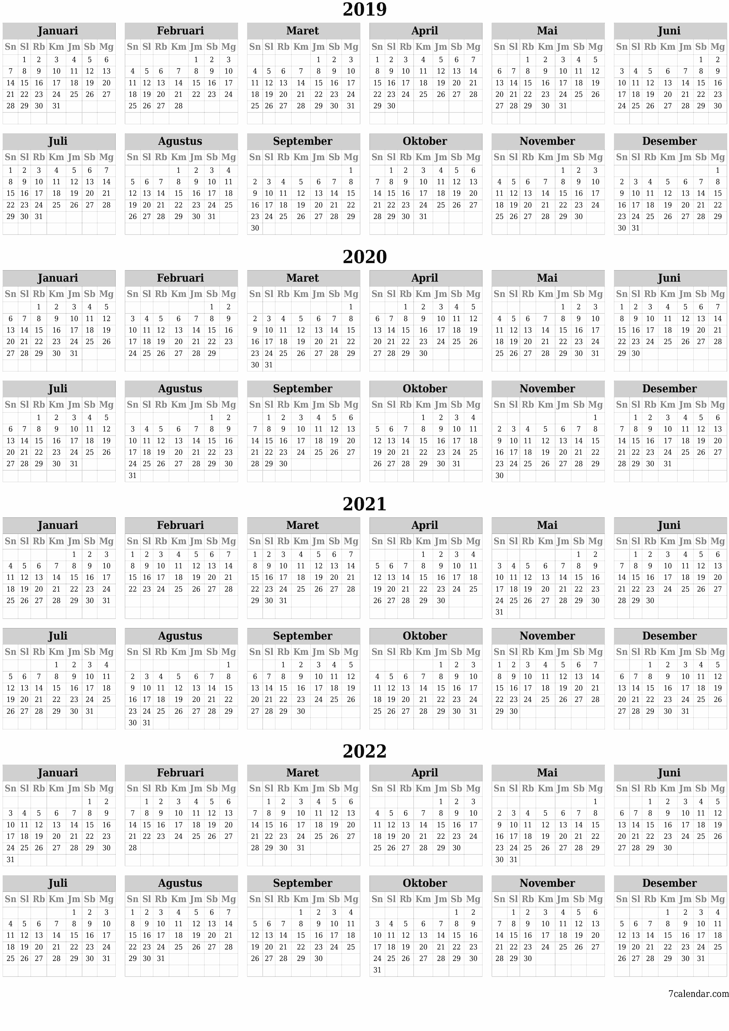 Kosongkan kalender perencana tahunan untuk tahun ini 2019, 2020, 2021, 2022 dengan catatan, simpan dan cetak ke PDF PNG Indonesian