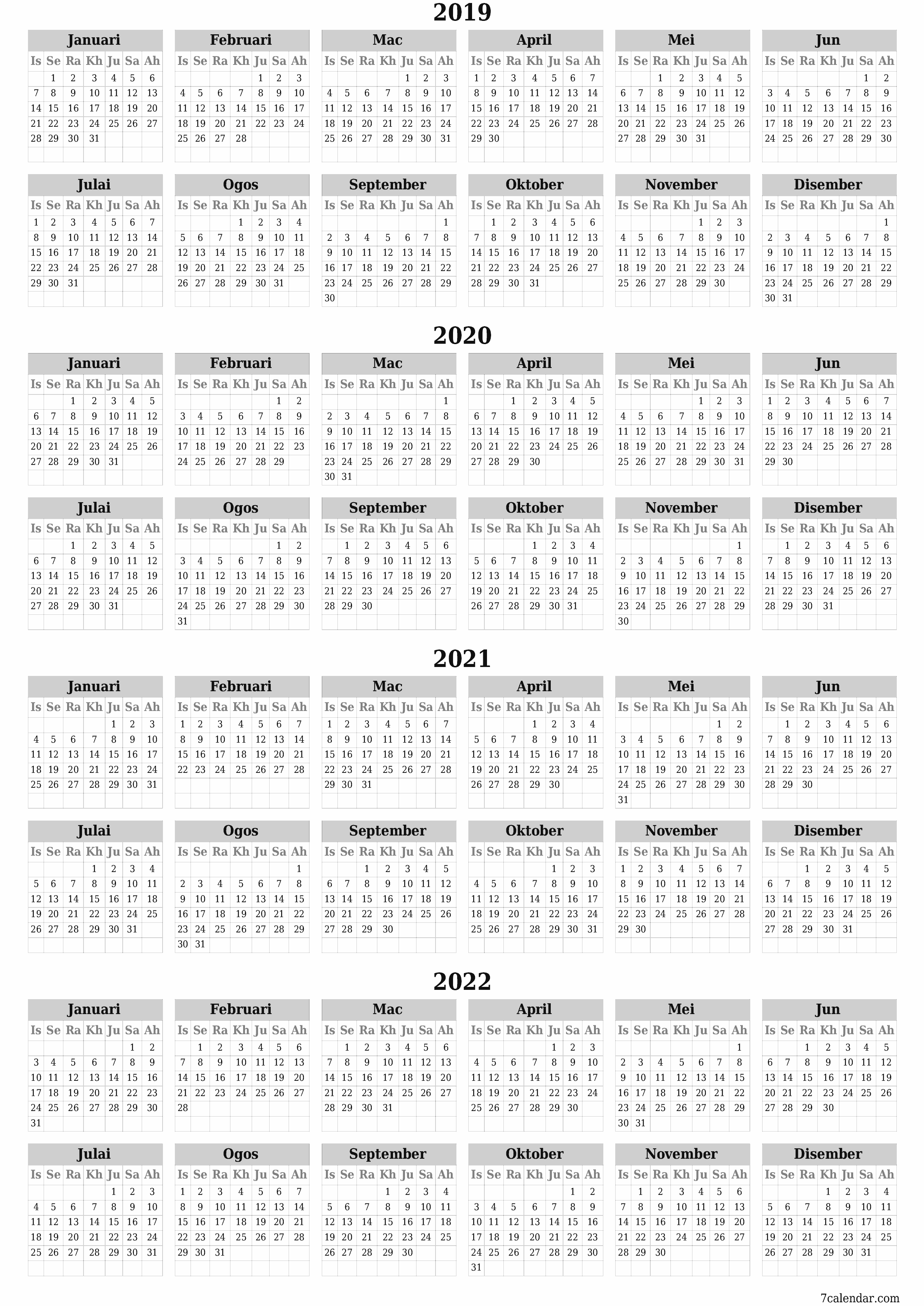 Kalendar perancang tahunan kosong untuk tahun ini 2019, 2020, 2021, 2022 dengan nota, simpan dan cetak ke PDF PNG Malay