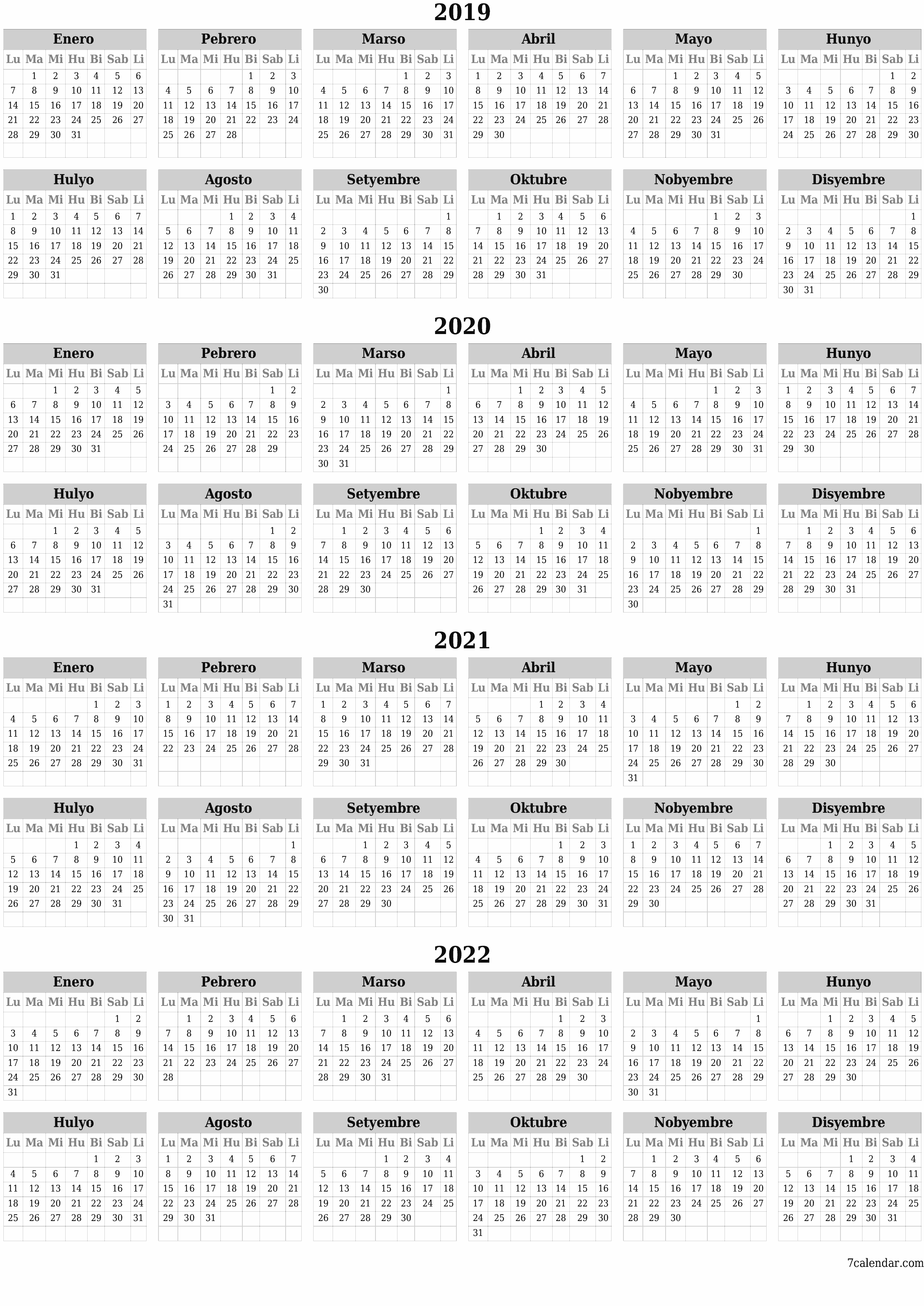 Walang laman ang taunang kalendaryo ng tagaplano para sa taong 2019, 2020, 2021, 2022 na may mga tala, i-save at i-print sa PDF PNG Filipino