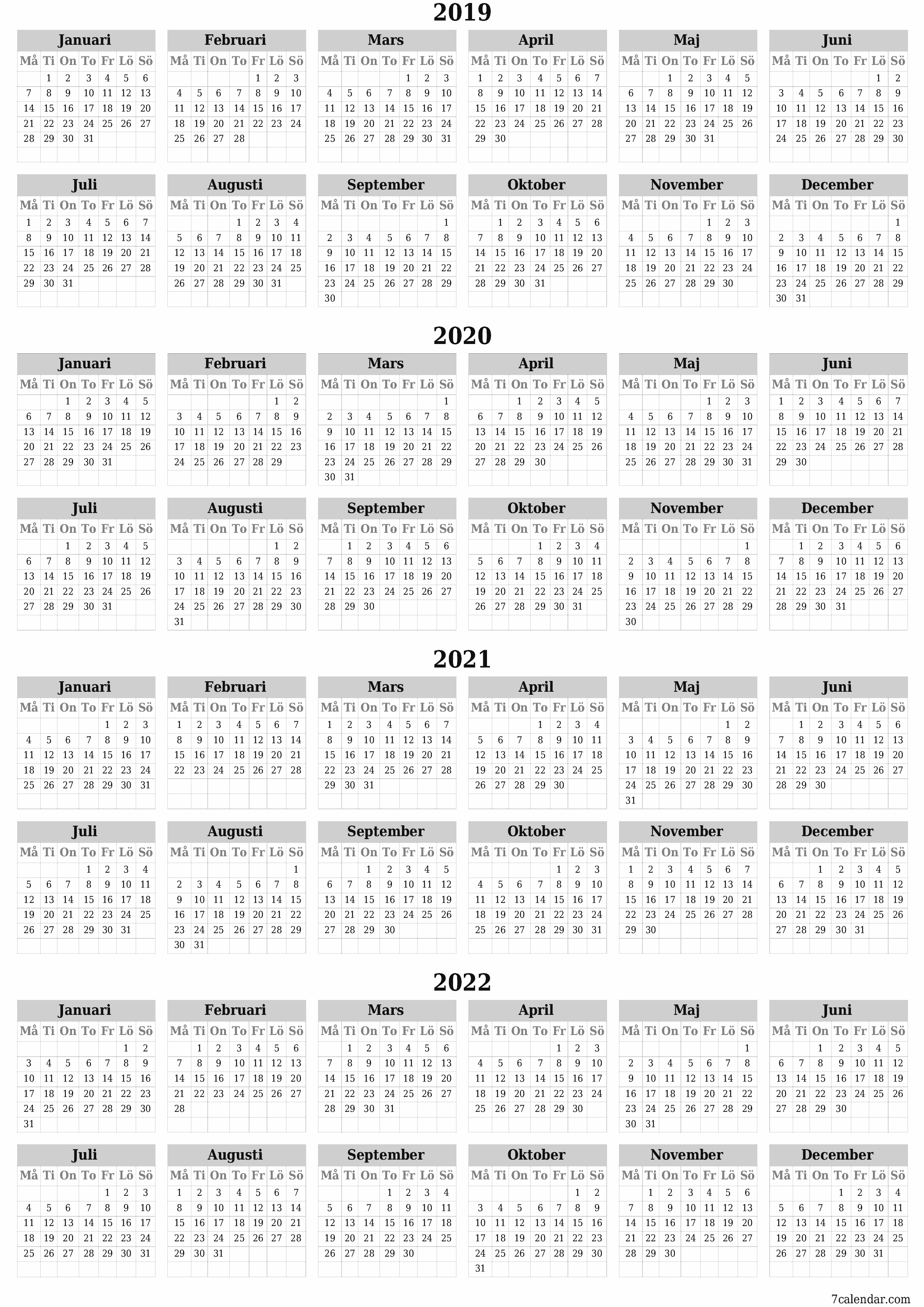 Tom årlig planeringskalender för året 2019, 2020, 2021, 2022 med anteckningar, spara och skriv ut till PDF PNG Swedish