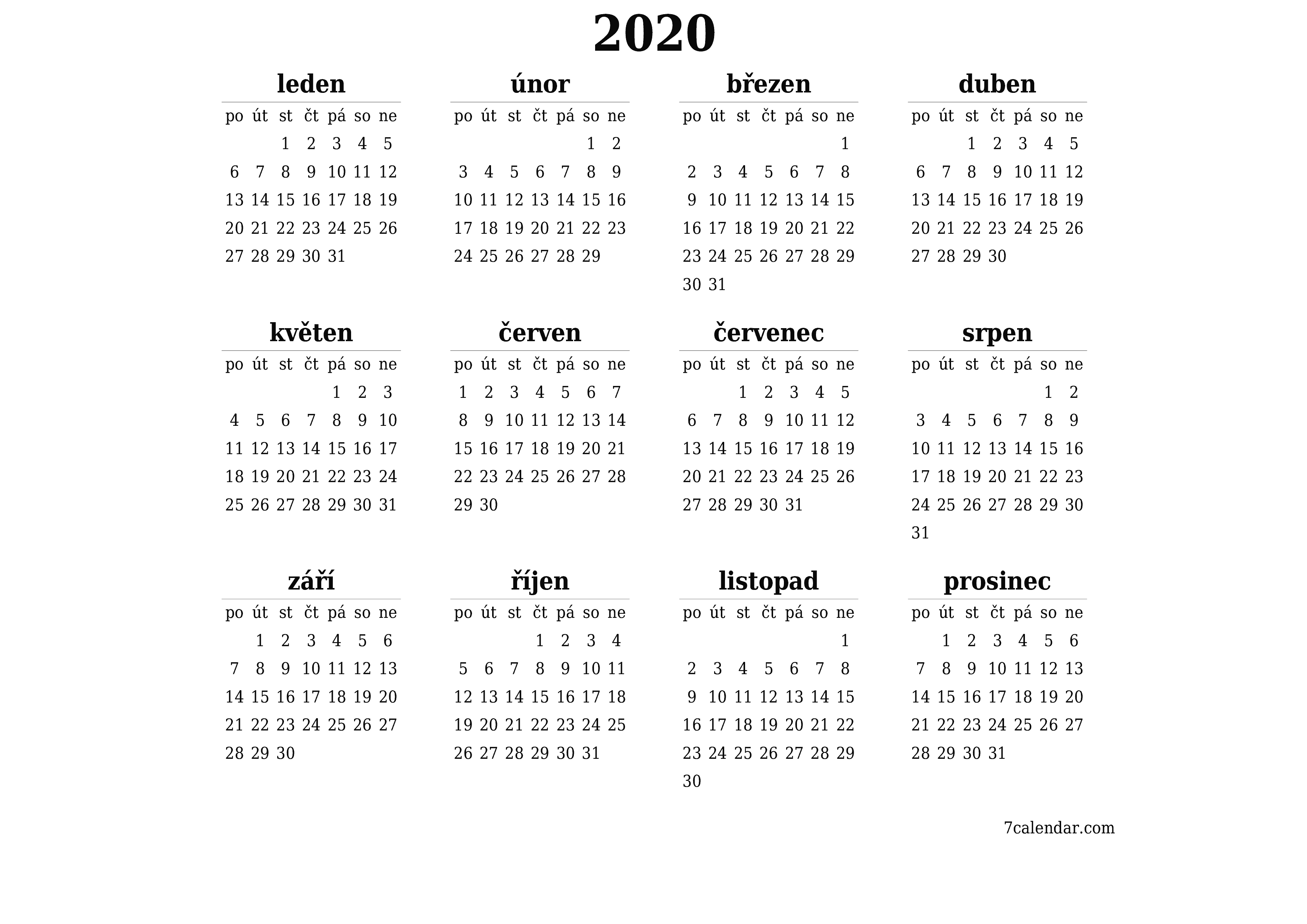 Prázdný roční kalendář plánovače pro rok 2020 s poznámkami, uložením a tiskem do PDF PNG Czech