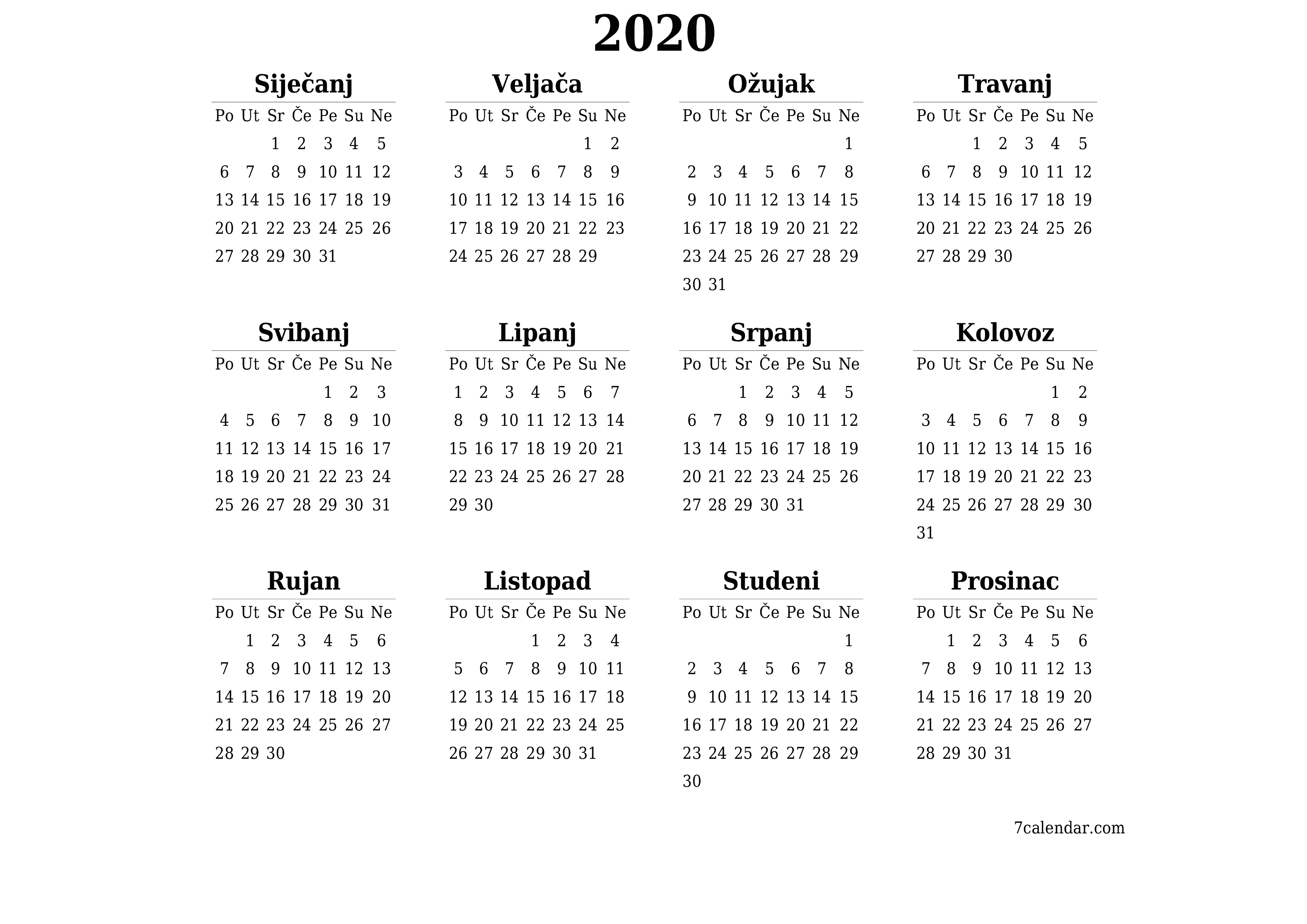 Ispraznite godišnji kalendar planera za godinu 2020 s bilješkama, spremite i ispišite u PDF PNG Croatian