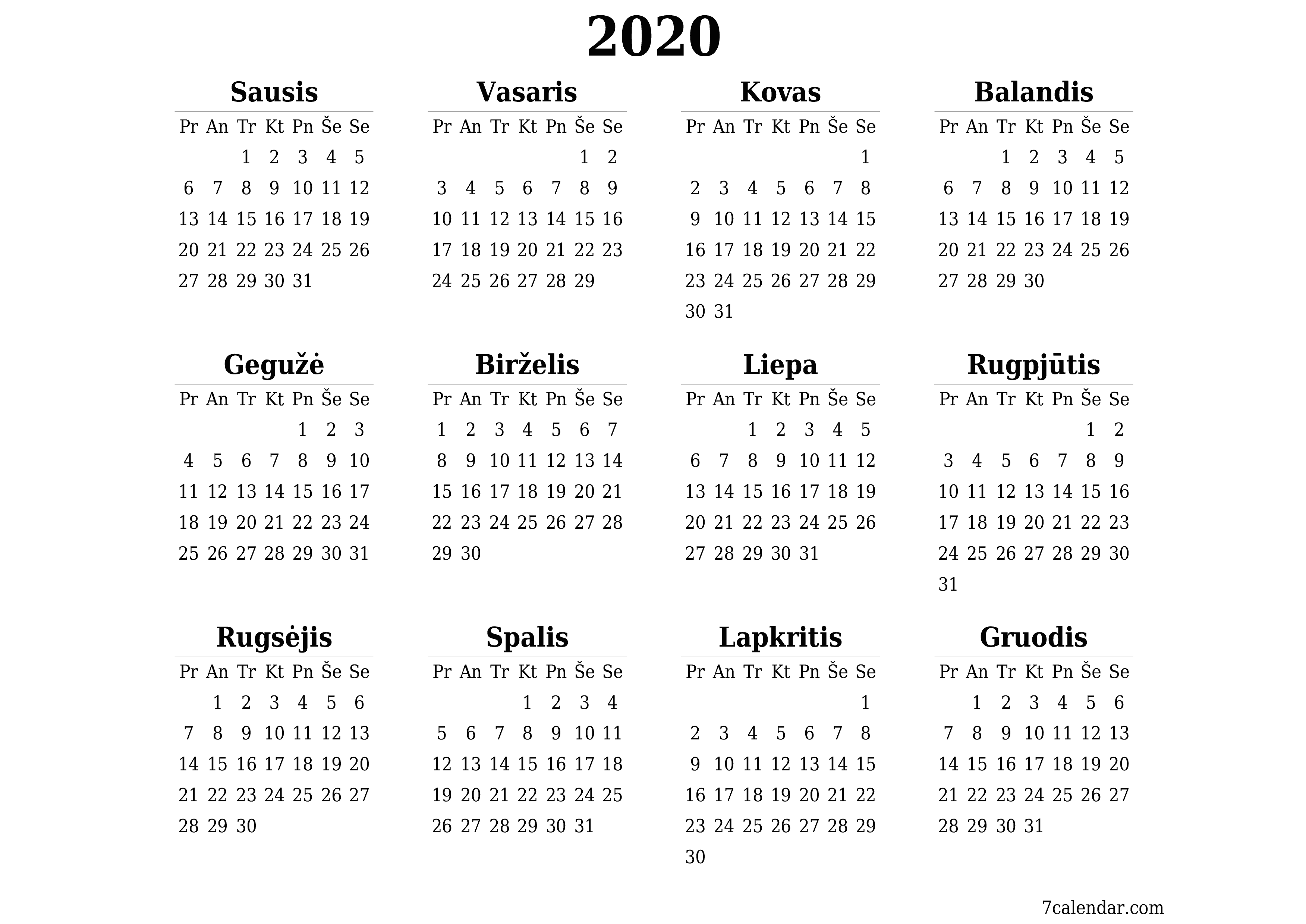 Tuščias metų planavimo kalendorius 2020 su užrašais, išsaugokite ir atsispausdinkite PDF formatu PNG Lithuanian
