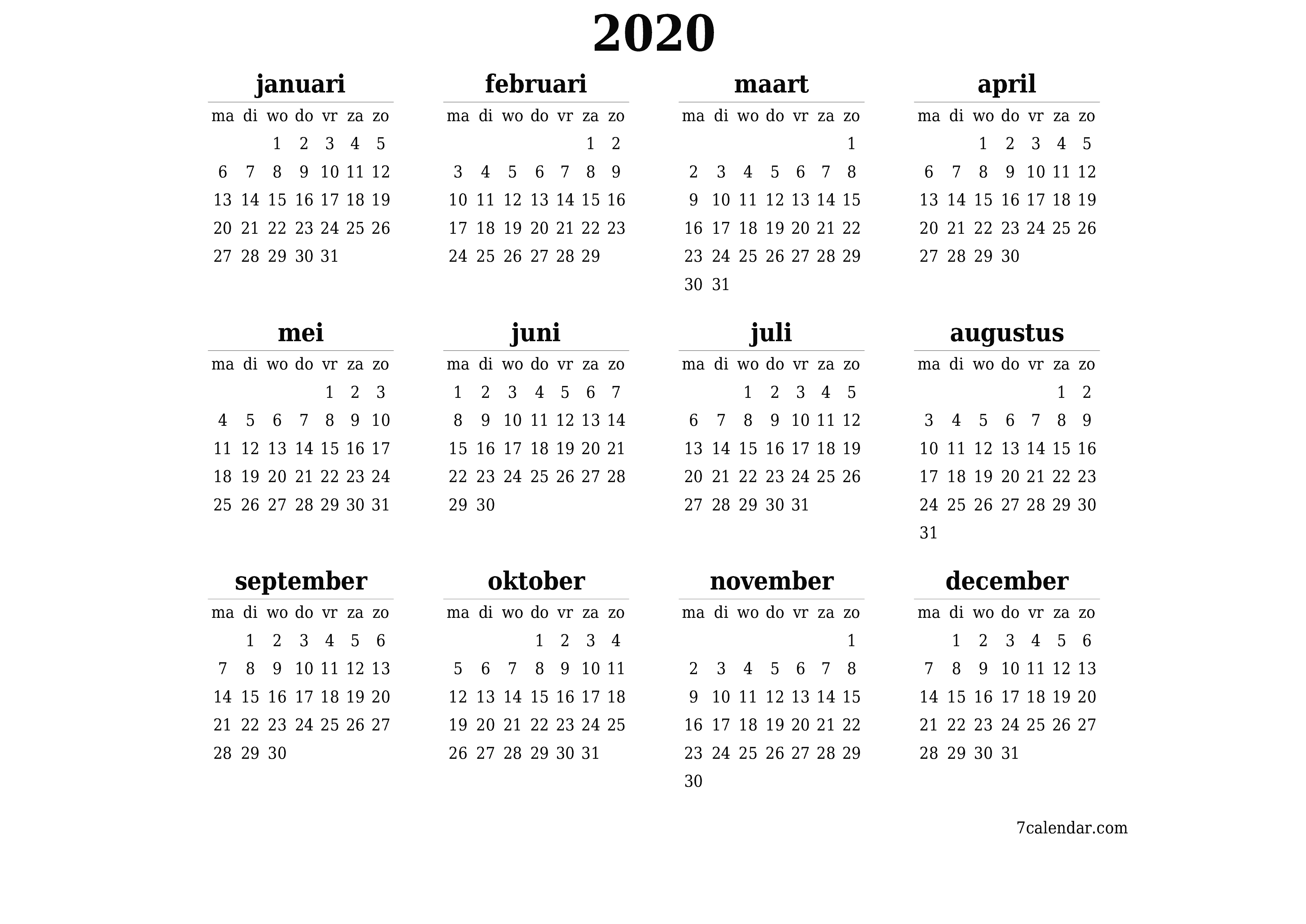 Lege jaarplanningskalender voor het jaar 2020 met notities, opslaan en afdrukken naar pdf PNG Dutch