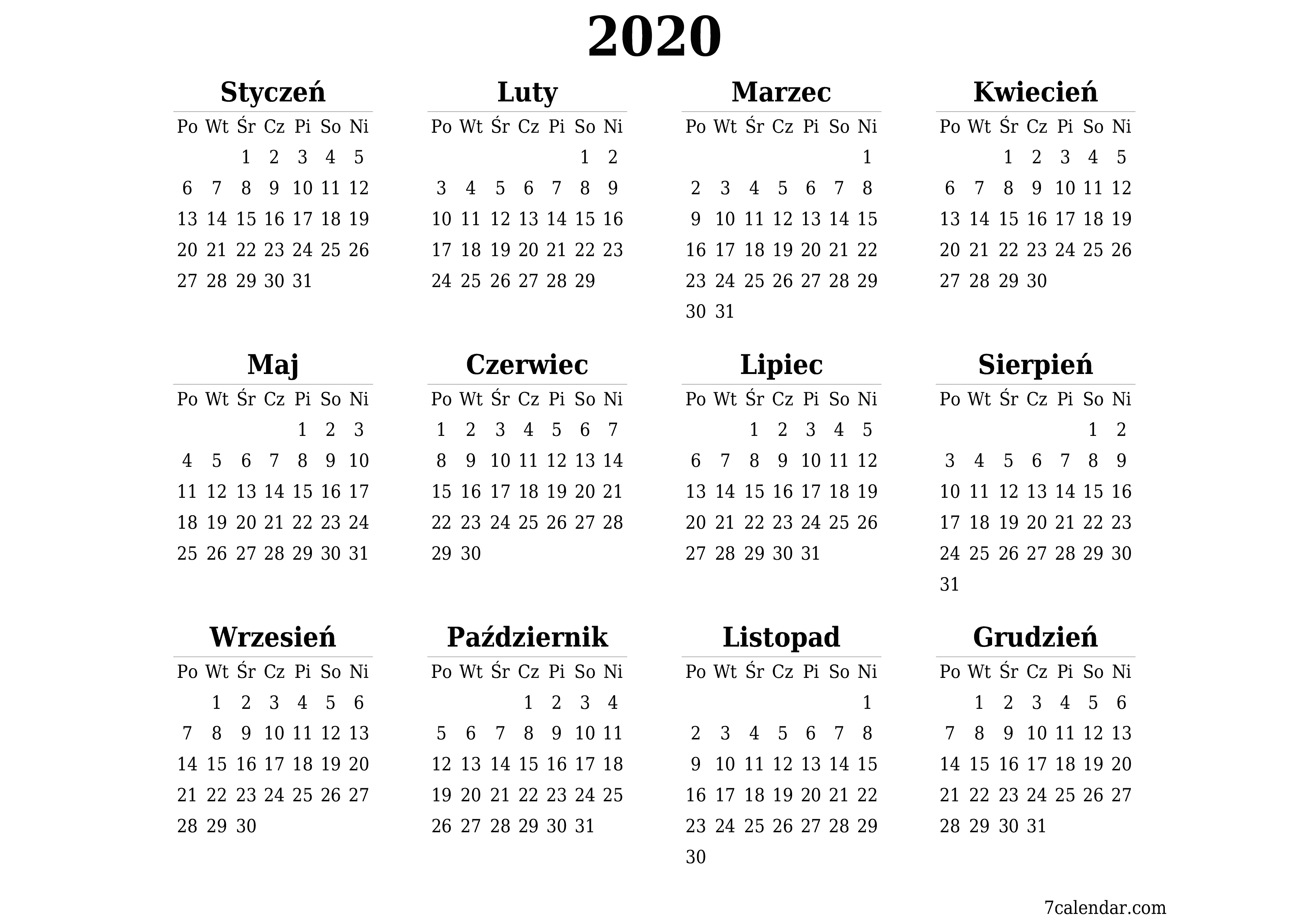 Opróżnij kalendarz rocznego planowania na rok 2020 z notatkami, zapisz i wydrukuj w formacie PDF PNG Polish