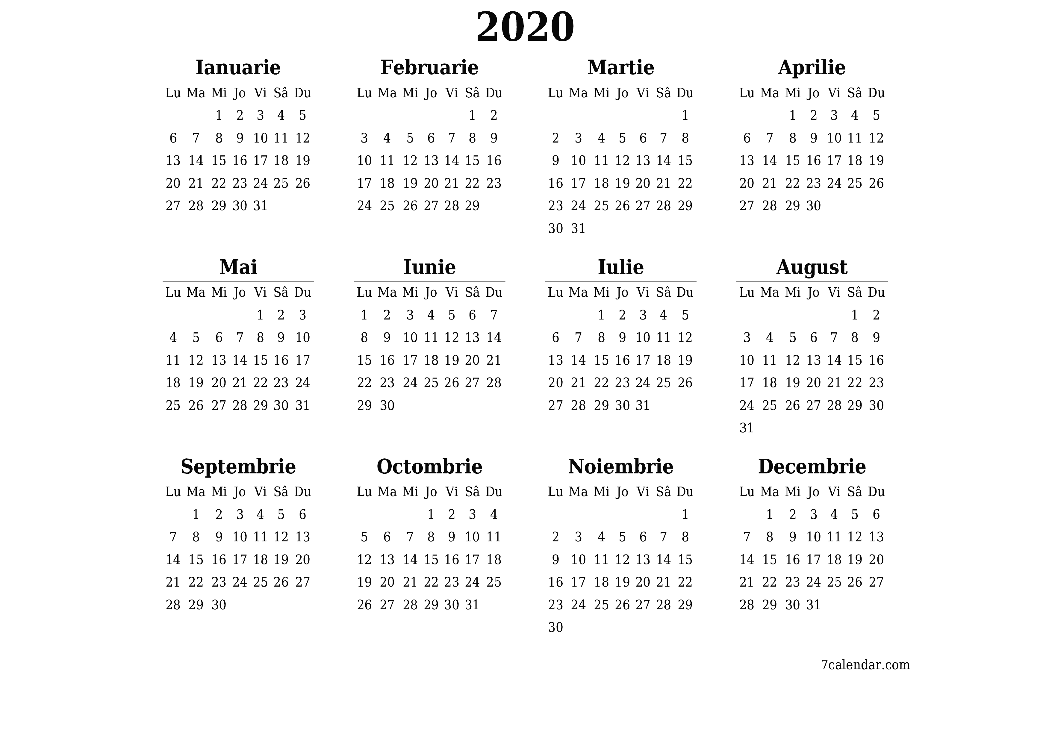 Goliți calendarul anual al planificatorului pentru anul 2020 cu note, salvați și tipăriți în PDF PNG Romanian