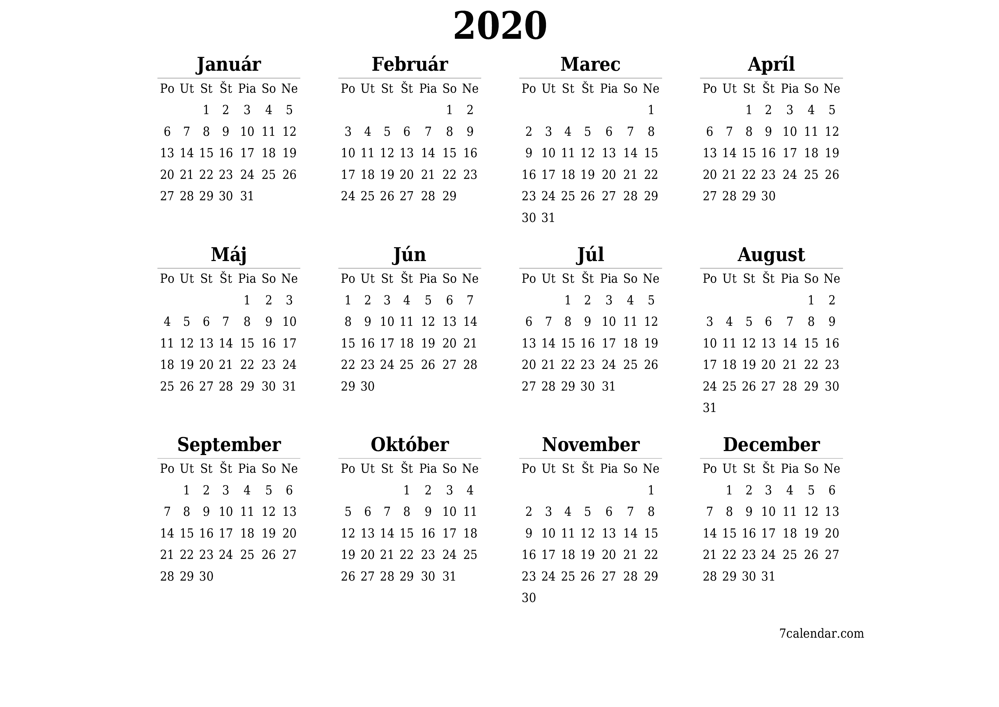 Prázdny ročný kalendár plánovača na rok 2020 s poznámkami, uložením a tlačou do formátu PDF PNG Slovak